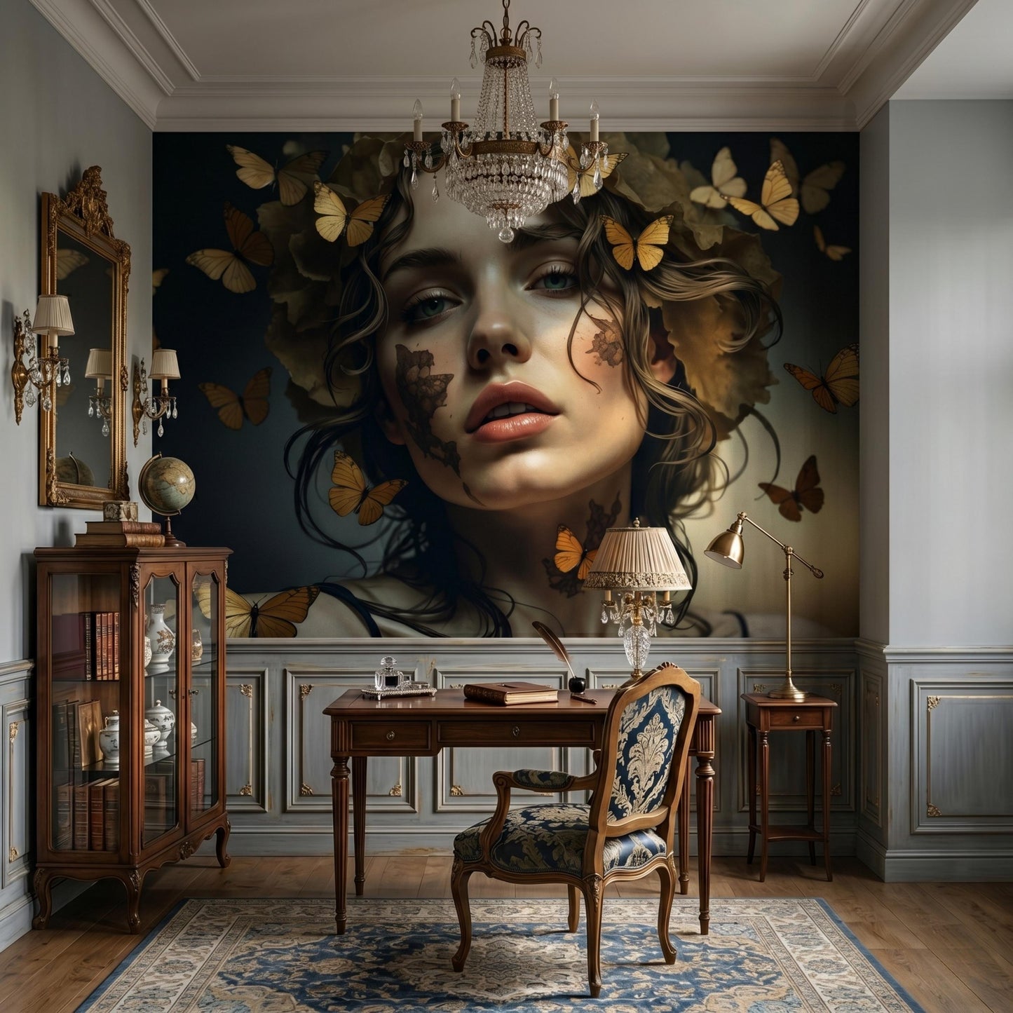 Butterfly Portrait Mural, Renaissance Woman, Dark Moody Wall Decor Peel and Stick Wallpaper-WP0122