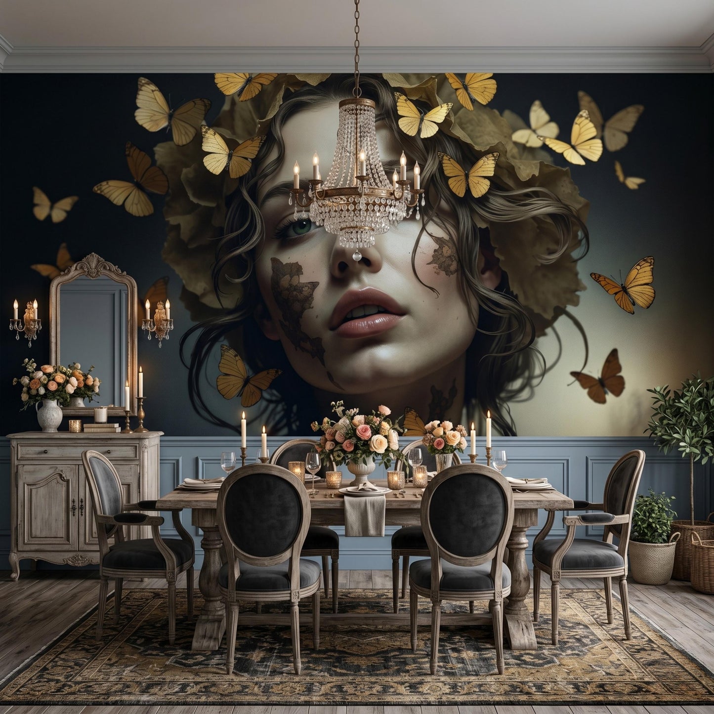 Butterfly Portrait Mural, Renaissance Woman, Dark Moody Wall Decor Peel and Stick Wallpaper-WP0122