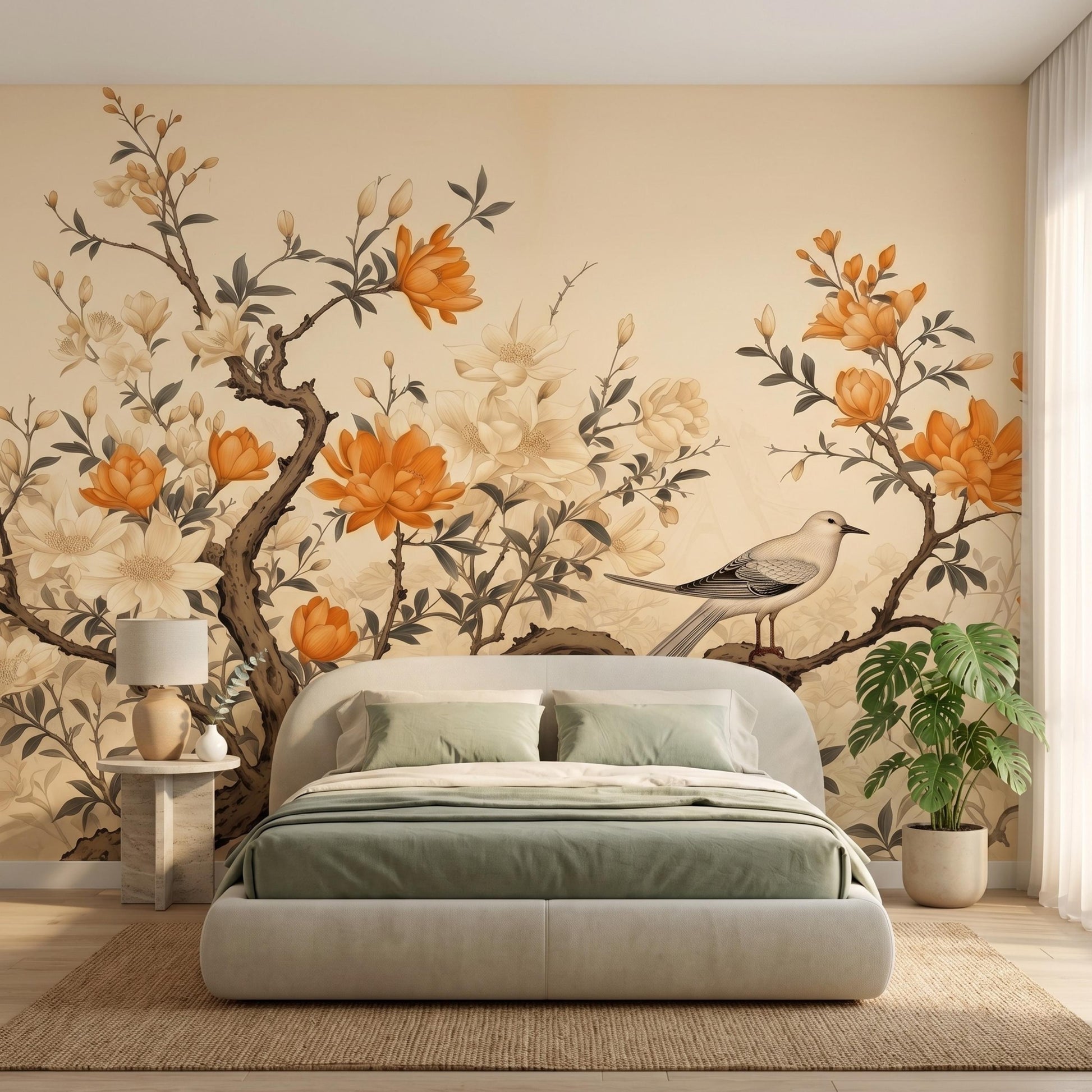 Vintage Botanical Peel and Stick Wallpaper, Floral Chinoiserie Wall Mural, Bird and Branch Removable Wallpaper for Home Office-WP0123