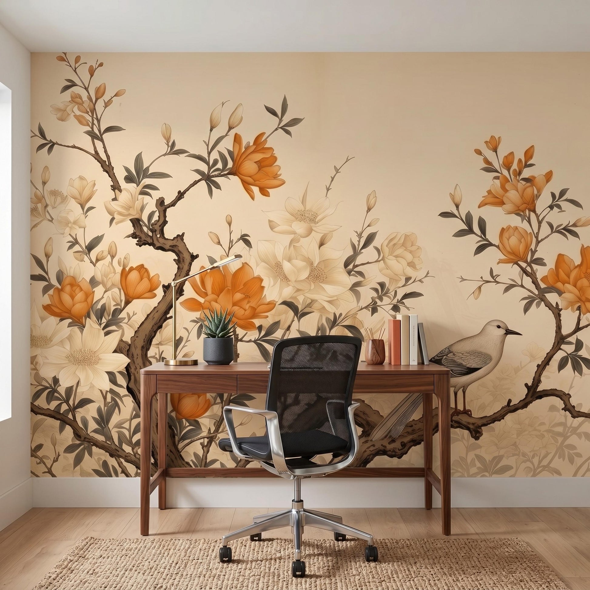 Vintage Botanical Peel and Stick Wallpaper, Floral Chinoiserie Wall Mural, Bird and Branch Removable Wallpaper for Home Office-WP0123