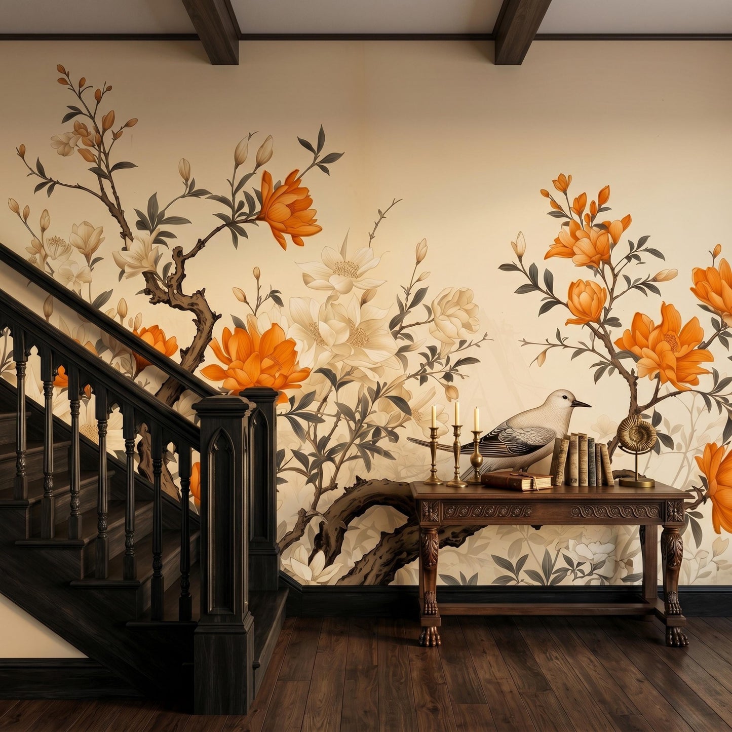 Vintage Botanical Peel and Stick Wallpaper, Floral Chinoiserie Wall Mural, Bird and Branch Removable Wallpaper for Home Office-WP0123
