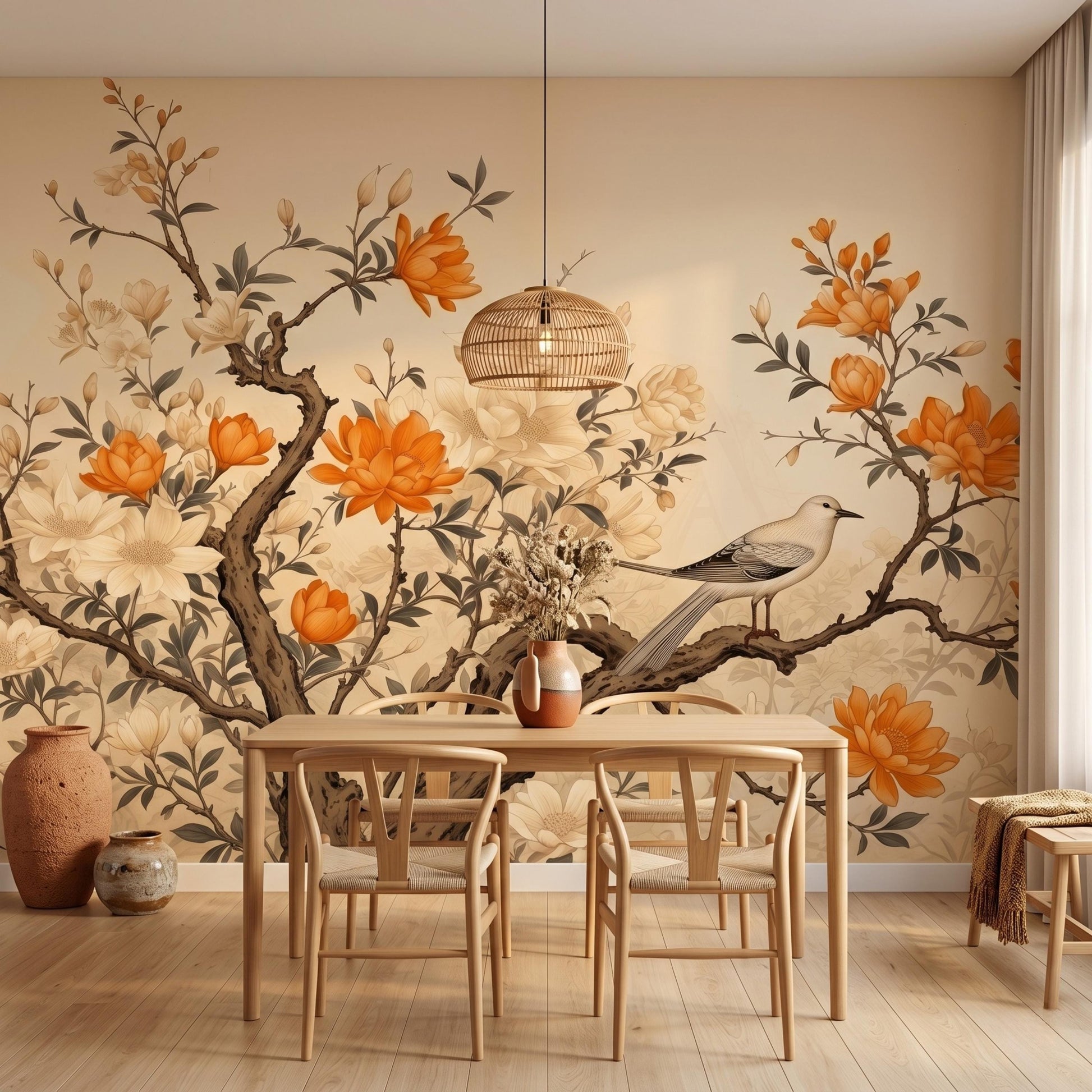 Vintage Botanical Peel and Stick Wallpaper, Floral Chinoiserie Wall Mural, Bird and Branch Removable Wallpaper for Home Office-WP0123