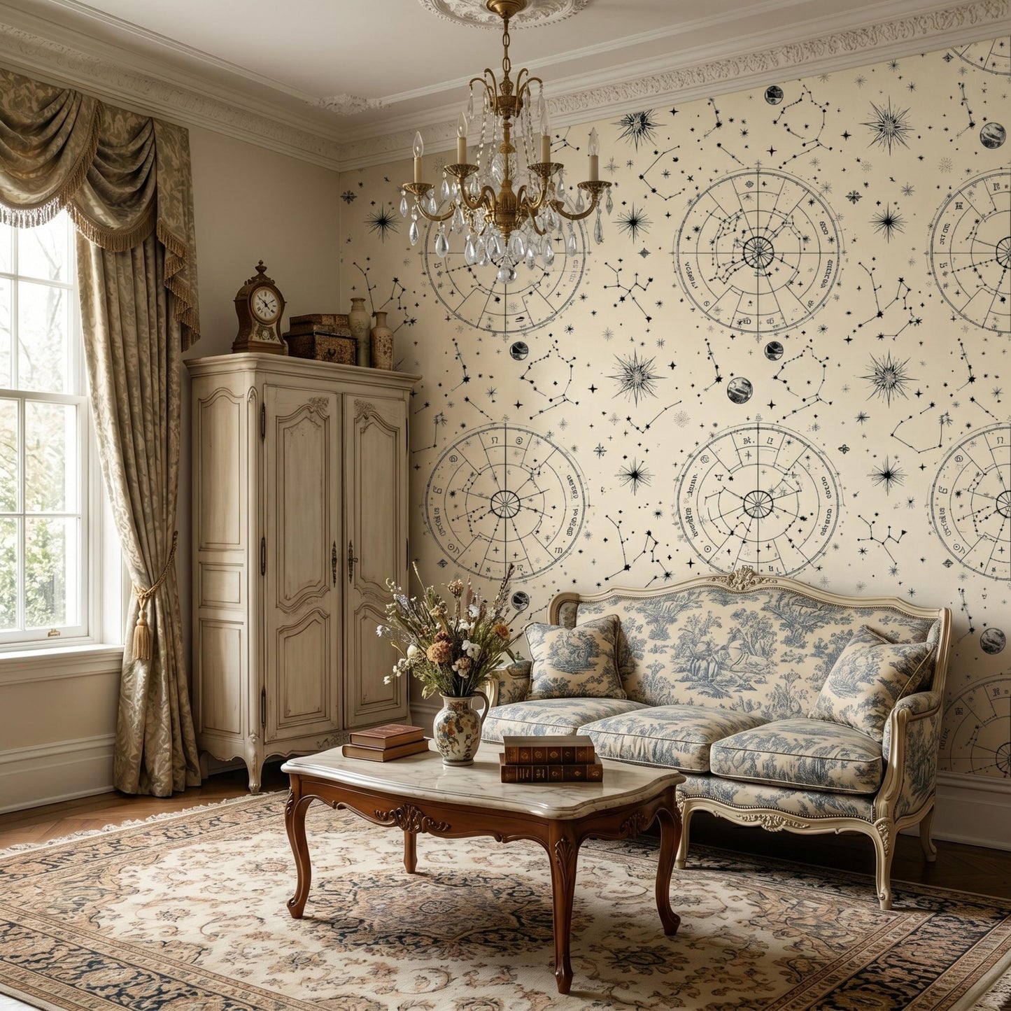 Vintage Celestial Astrology Wallpaper, Zodiac Constellation Star Map Mural, Peel and Stick Room Decor-WP0154