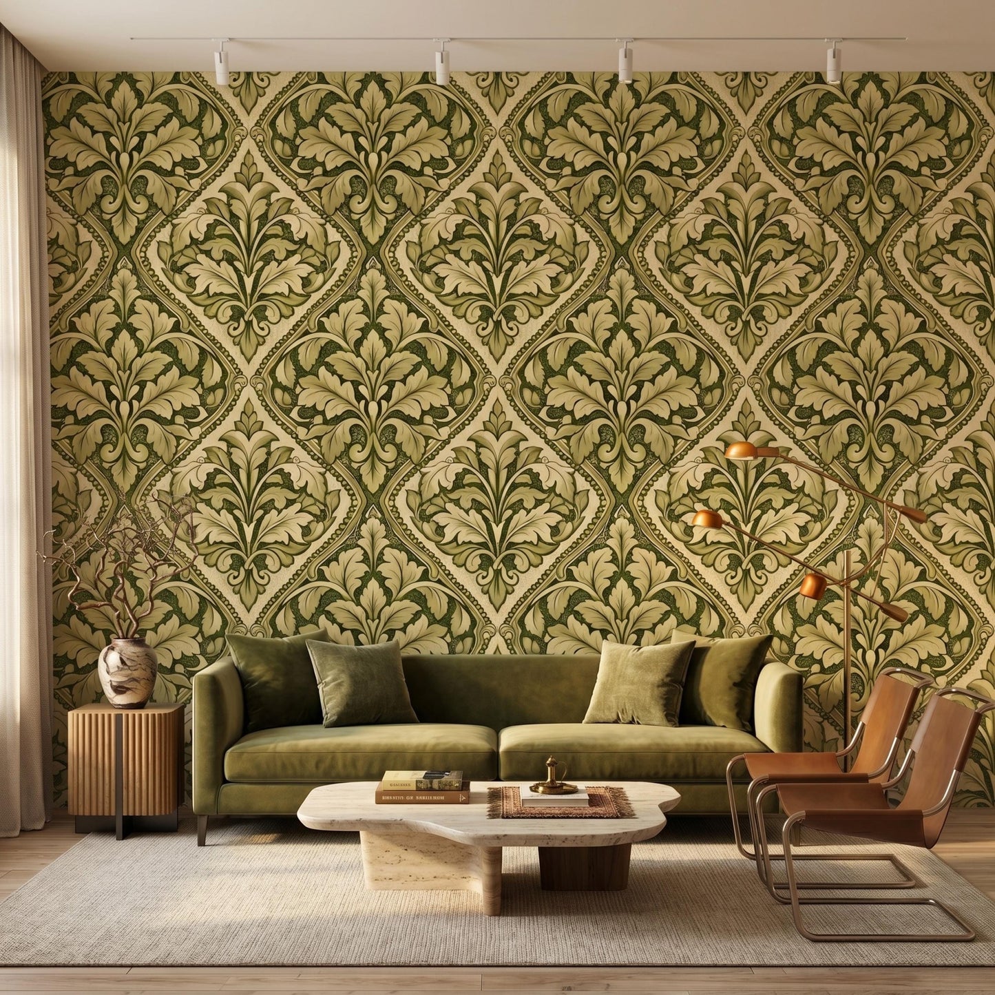 Green Damask Acanthus Leaf Vintage Victorian Wallpaper, Traditional Art Nouveau Mural, Botanical Wall Decor, Antique Style Interior-WP0124