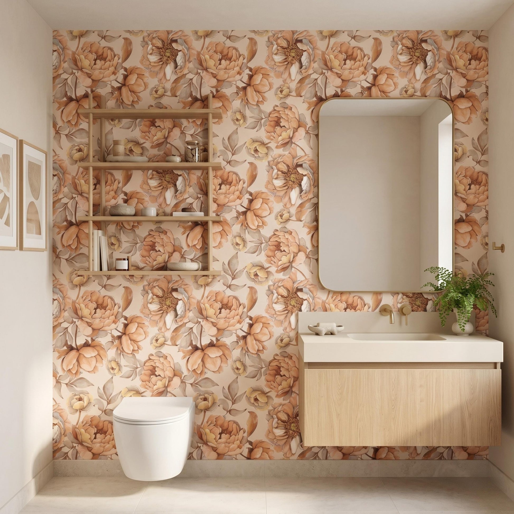 Vintage Floral Peel and Stick Wallpaper, Muted Terracotta Peony Wall Mural, Boho Cottagecore Home Decor-WP0157
