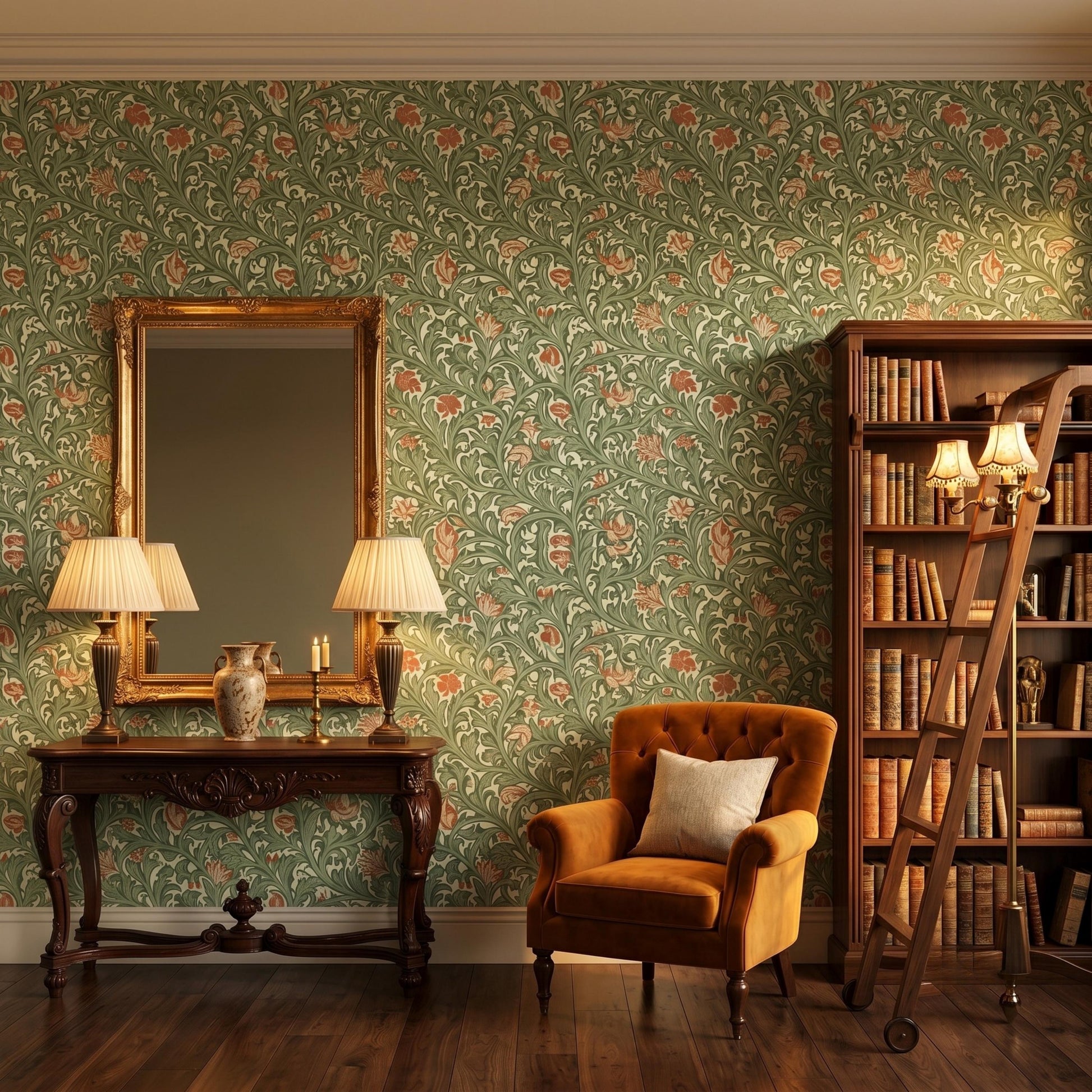 William Morris Style Floral Wallpaper | Vintage Green Botanical Peel and Stick | Arts and Crafts Removable Wall Mural-WP0125