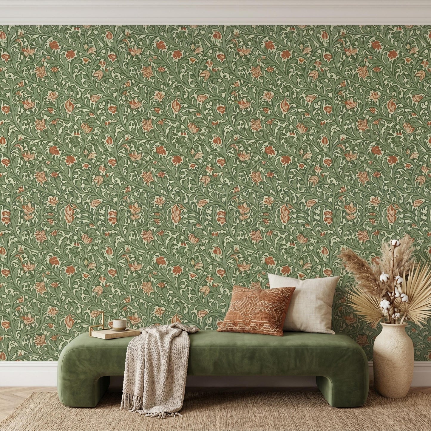 William Morris Style Floral Wallpaper | Vintage Green Botanical Peel and Stick | Arts and Crafts Removable Wall Mural-WP0125