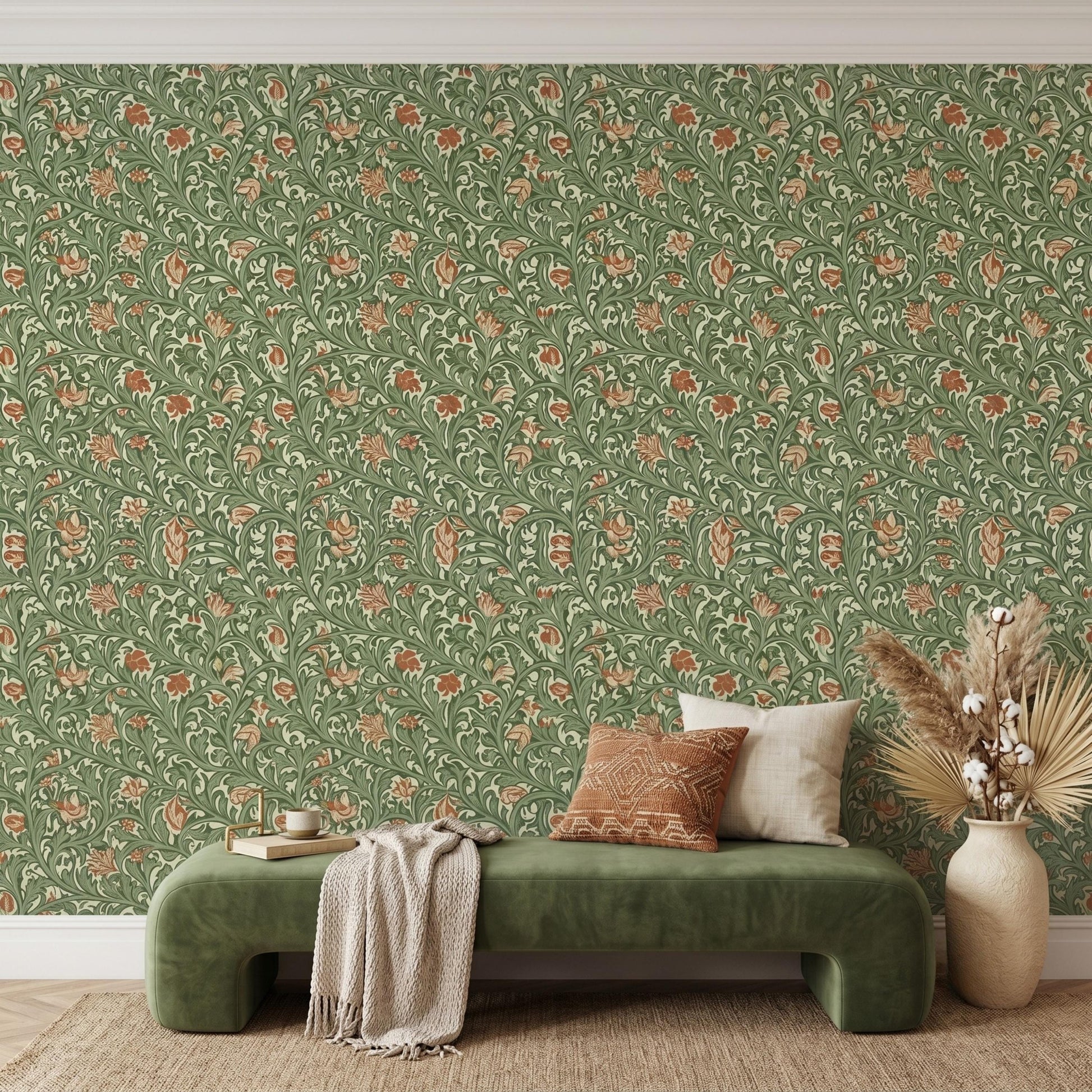 William Morris Style Floral Wallpaper | Vintage Green Botanical Peel and Stick | Arts and Crafts Removable Wall Mural-WP0125