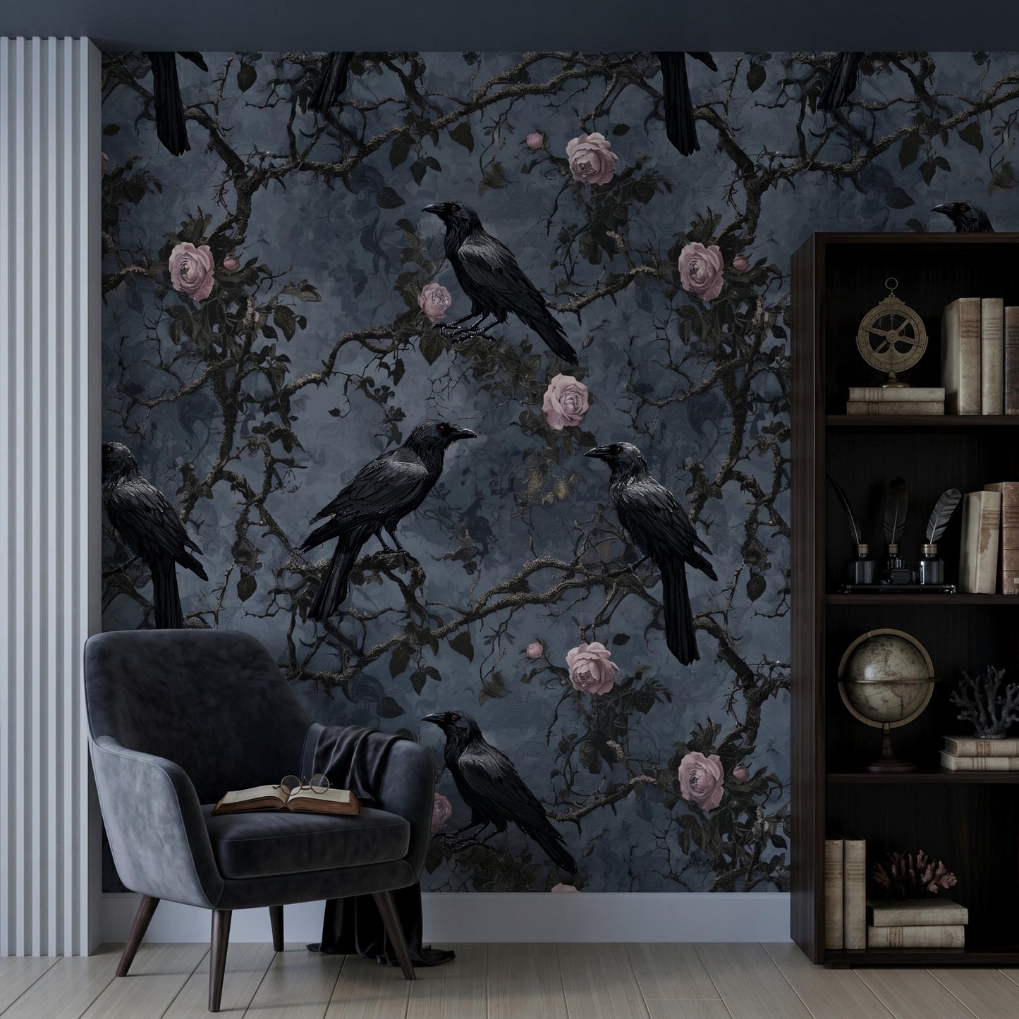 Dark Academia Raven Wallpaper | Moody Botanical Peel and Stick Wall Mural | Gothic Floral Decor | Vintage Rose and Crow Wall Art-WP0125