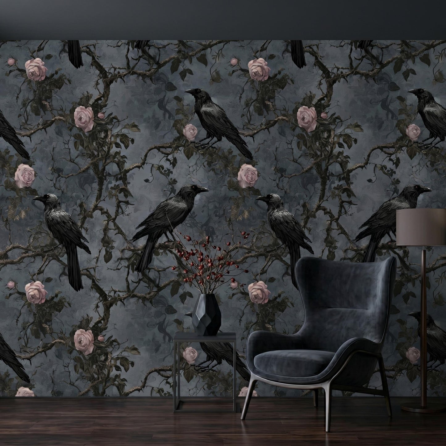 Dark Academia Raven Wallpaper | Moody Botanical Peel and Stick Wall Mural | Gothic Floral Decor | Vintage Rose and Crow Wall Art-WP0125