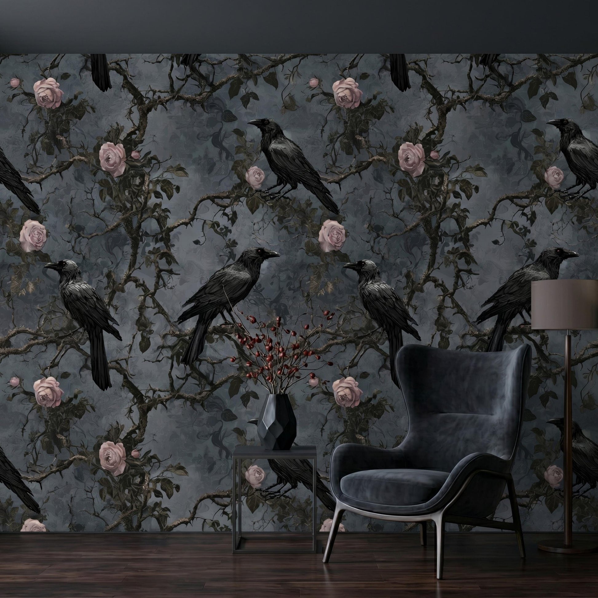 Dark Academia Raven Wallpaper | Moody Botanical Peel and Stick Wall Mural | Gothic Floral Decor | Vintage Rose and Crow Wall Art-WP0125