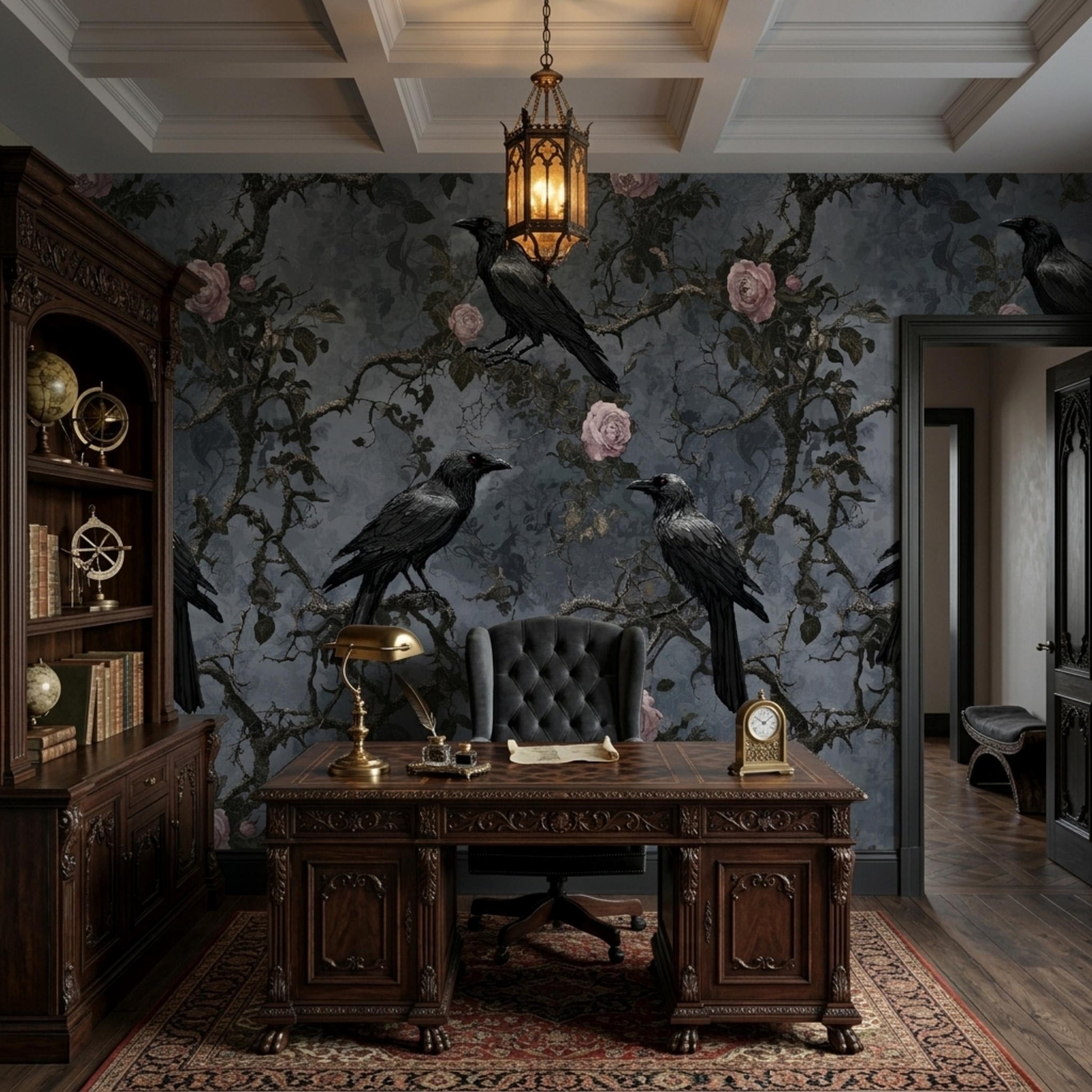 Dark Academia Raven Wallpaper | Moody Botanical Peel and Stick Wall Mural | Gothic Floral Decor | Vintage Rose and Crow Wall Art-WP0125