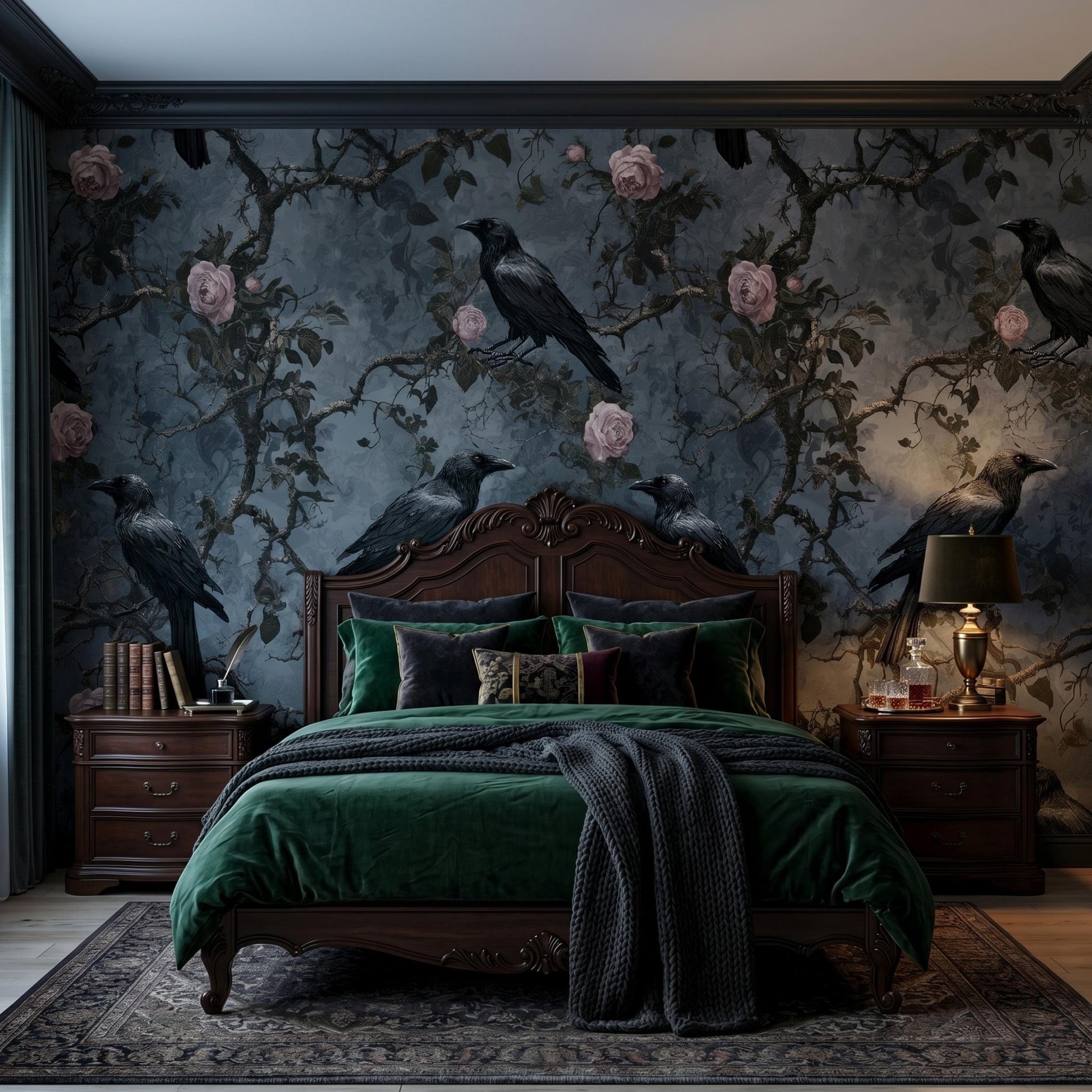 Dark Academia Raven Wallpaper | Moody Botanical Peel and Stick Wall Mural | Gothic Floral Decor | Vintage Rose and Crow Wall Art-WP0125