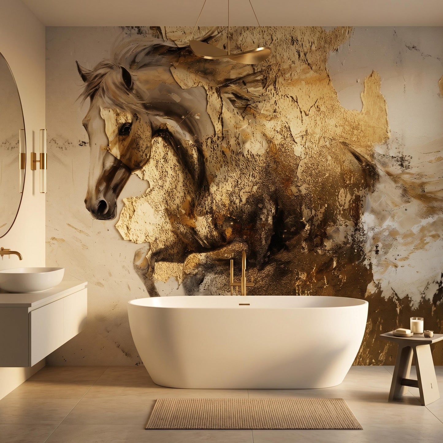 Abstract Horse Wallpaper, Textured Gold Wall Mural, Neutral Animal Wall Art, Peel and Stick Equestrian Decor for Living Room-WP0127