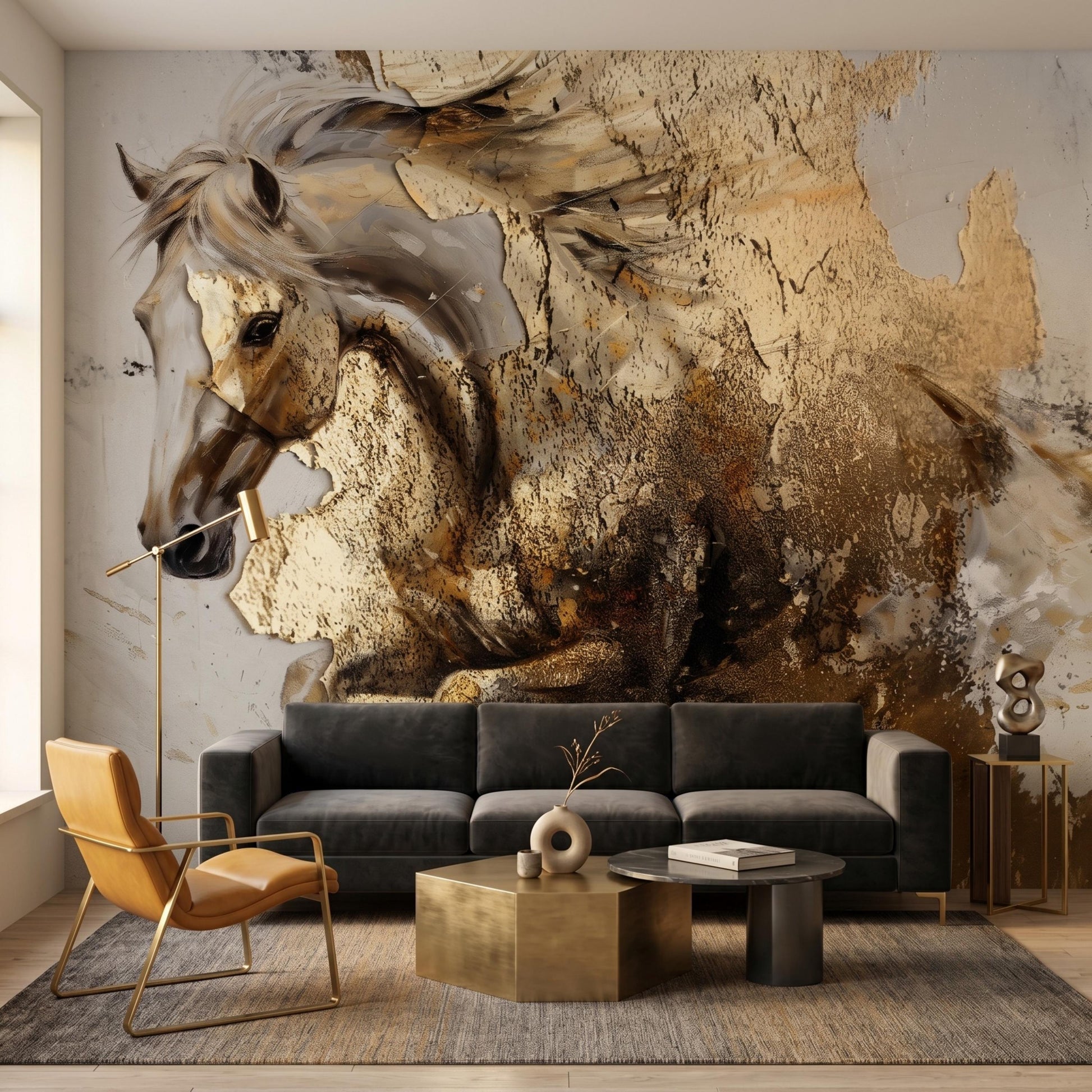 Abstract Horse Wallpaper, Textured Gold Wall Mural, Neutral Animal Wall Art, Peel and Stick Equestrian Decor for Living Room-WP0127