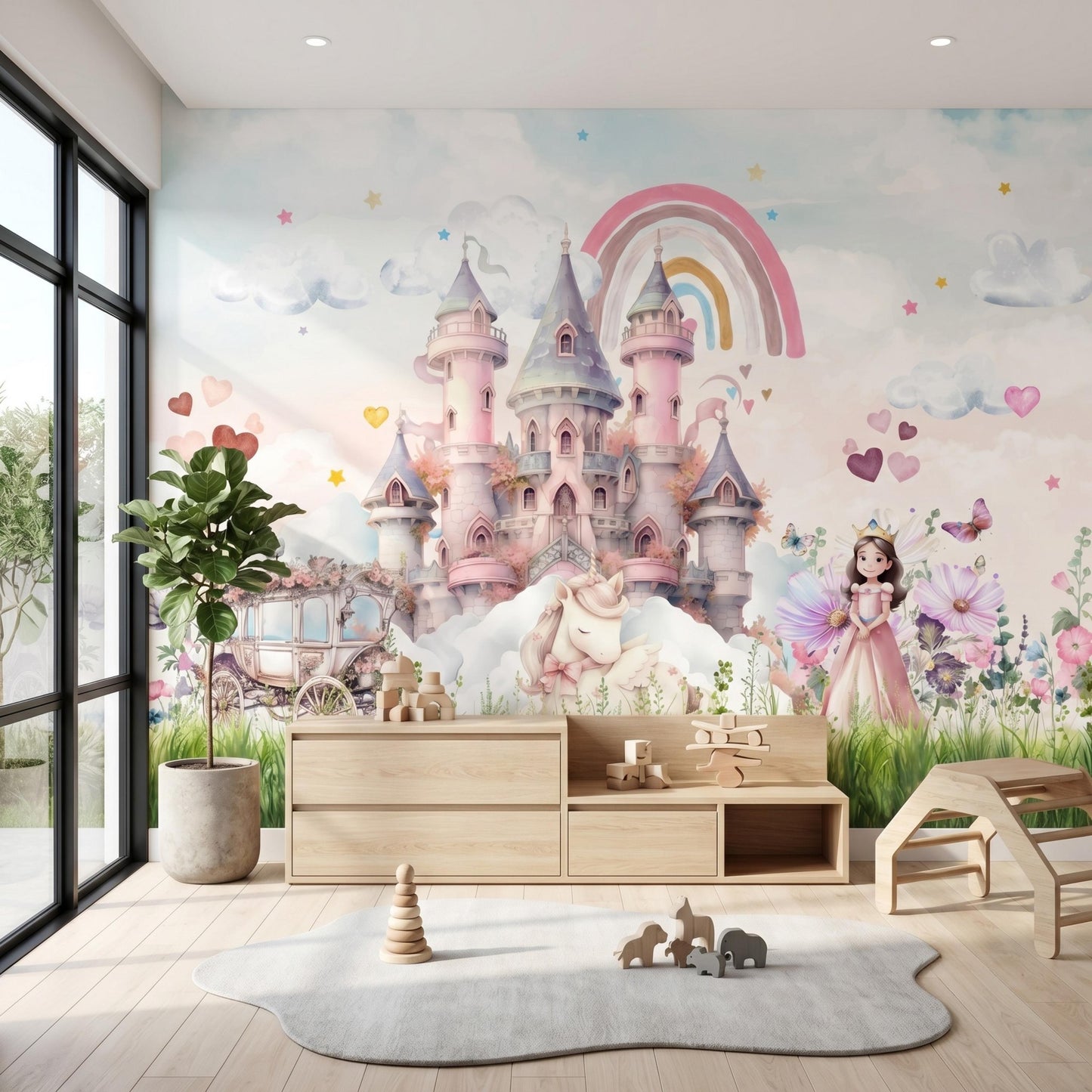 Watercolor Fairytale Princess Castle Wallpaper Mural, Nursery Wall Decor, Whimsical Girl Room Accent, Magical Rainbow Carriage Art-WP0128