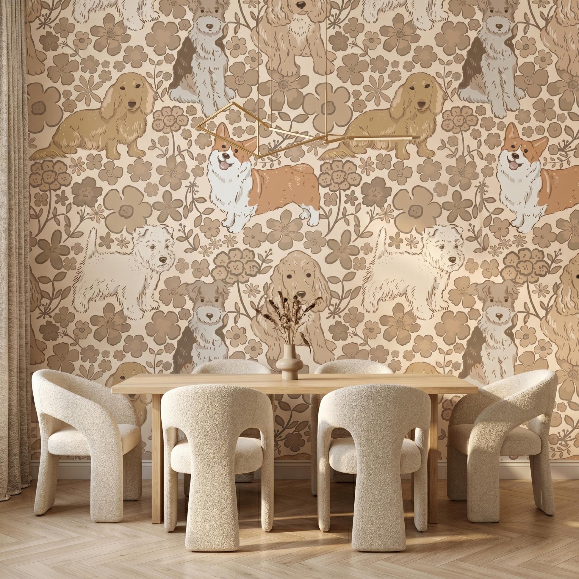 Retro Dog Floral Beige Wallpaper Peel and Stick, Nursery Accent Wall Decor, Puppy Lover Room Design, Neutral Boho Home Mural-WP0129