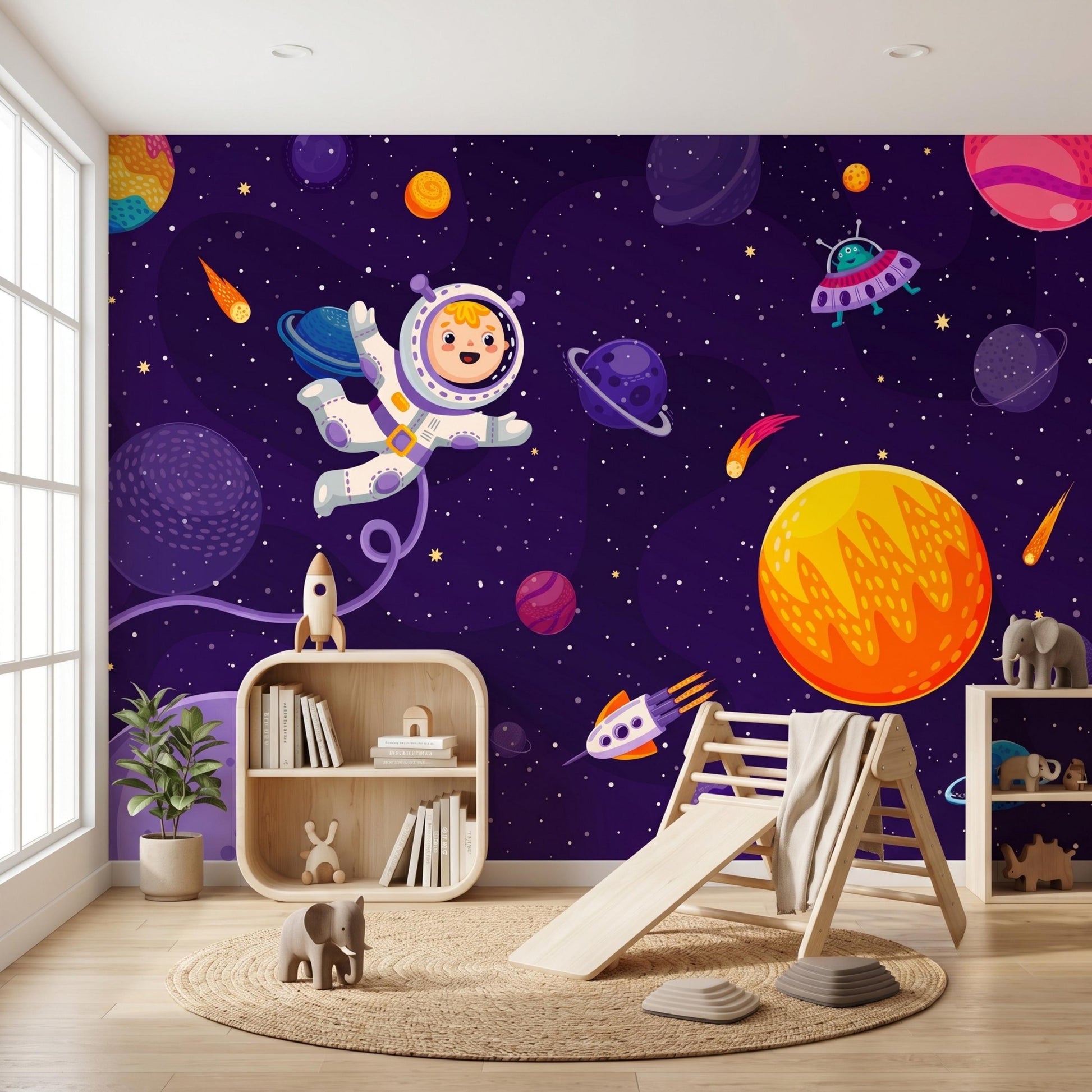 Cartoon Astronaut Space Wallpaper Mural, Galaxy Kids Bedroom Wall Decor, Outer Space Nursery Theme, Solar System Playroom Art-WP0131