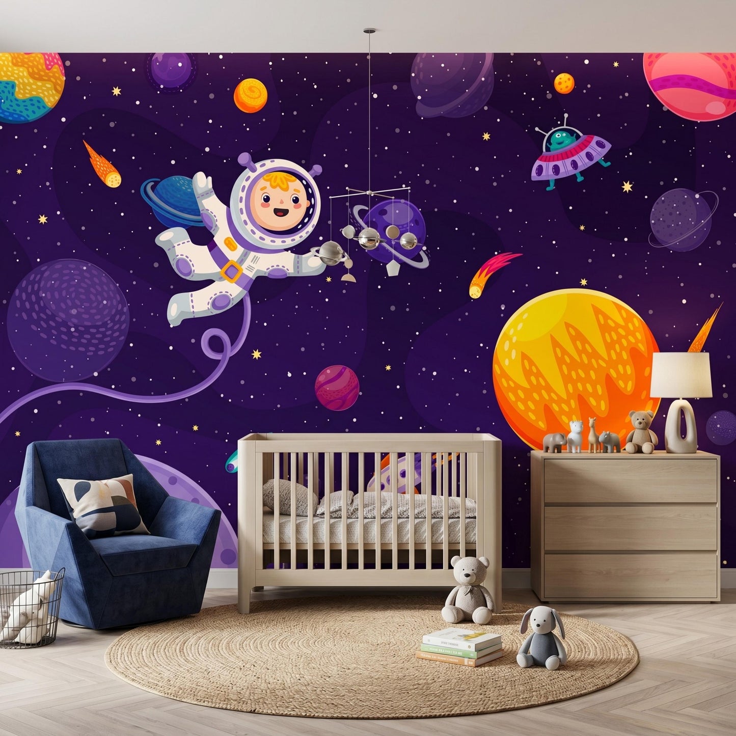 Cartoon Astronaut Space Wallpaper Mural, Galaxy Kids Bedroom Wall Decor, Outer Space Nursery Theme, Solar System Playroom Art-WP0131