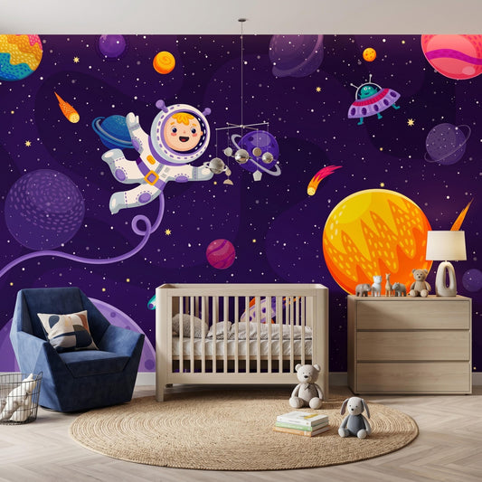 Cartoon Astronaut Space Wallpaper Mural, Galaxy Kids Bedroom Wall Decor, Outer Space Nursery Theme, Solar System Playroom Art-WP0131