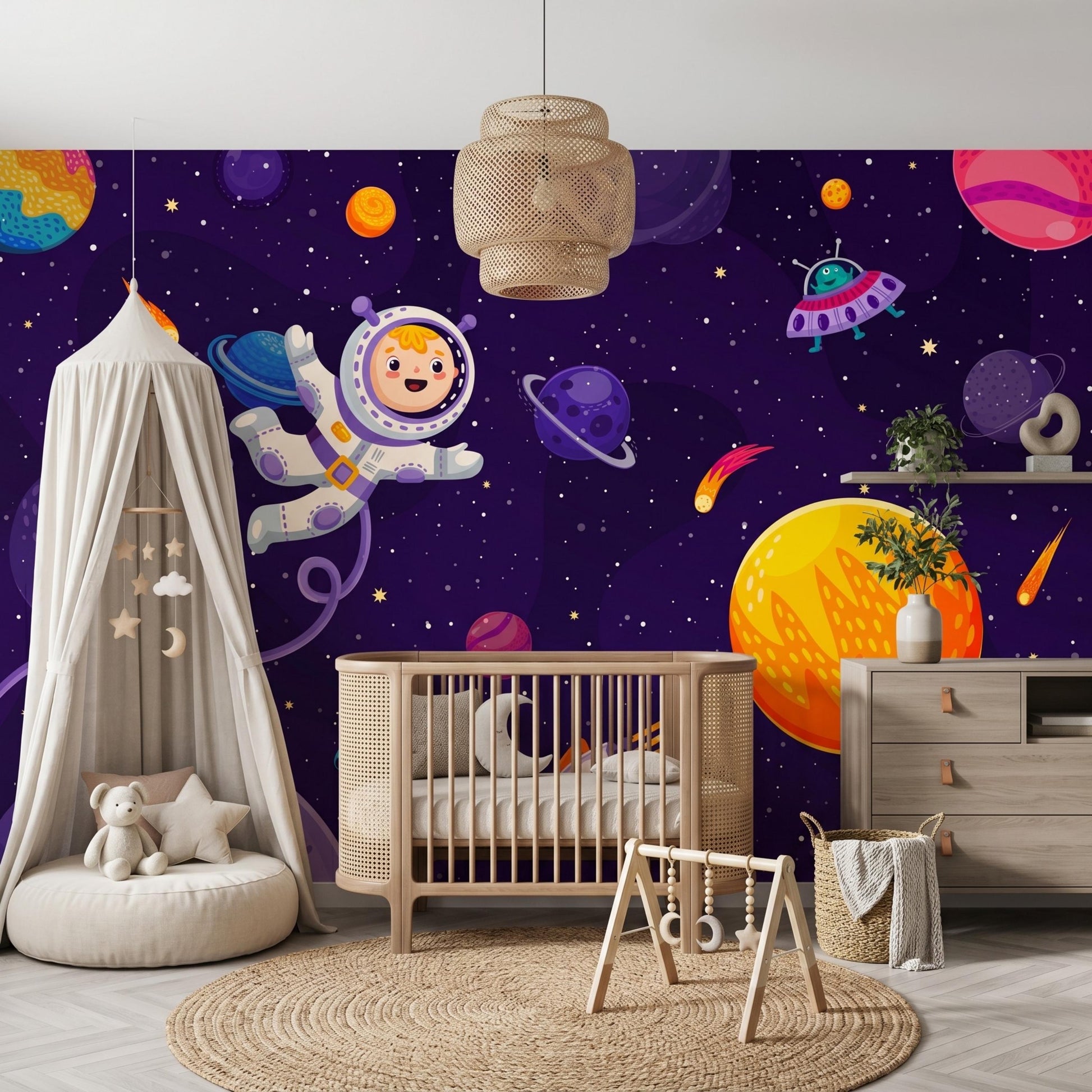 Cartoon Astronaut Space Wallpaper Mural, Galaxy Kids Bedroom Wall Decor, Outer Space Nursery Theme, Solar System Playroom Art-WP0131