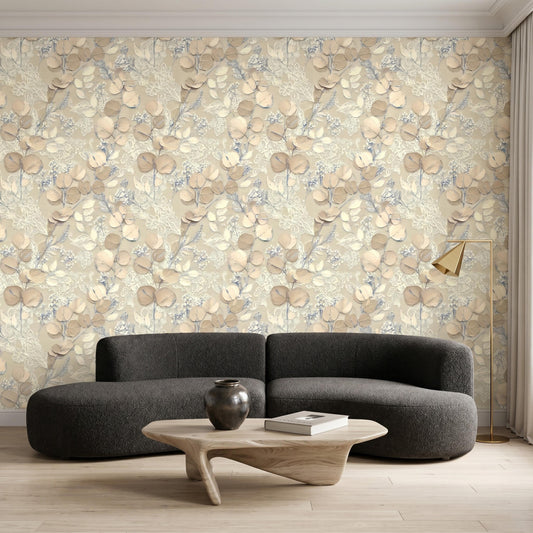 Neutral Botanical Wallpaper, 3D Effect Floral Wall Mural, Beige Leaf Peel and Stick Wallpaper, Elegant Living Room Decor-WP0132