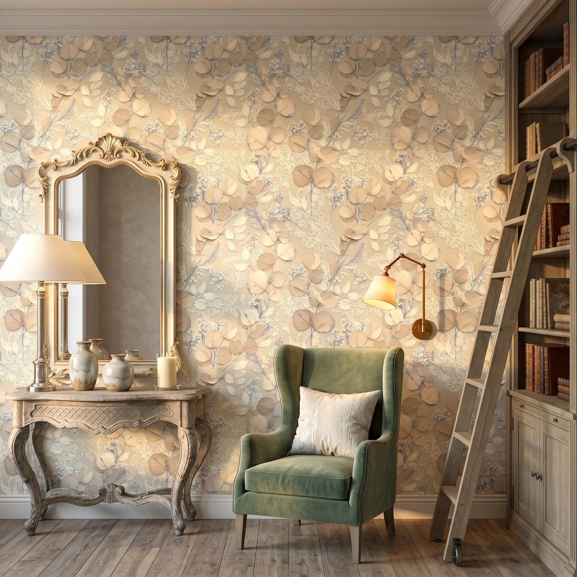 Neutral Botanical Wallpaper, 3D Effect Floral Wall Mural, Beige Leaf Peel and Stick Wallpaper, Elegant Living Room Decor-WP0132