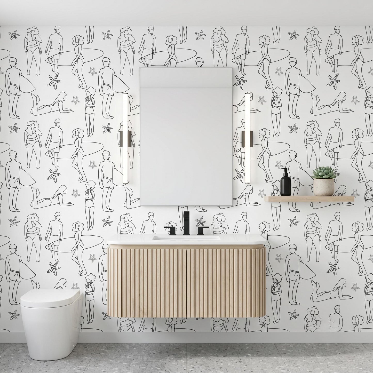 Minimalist Beach Line Art Wallpaper, Aesthetic Black Surfer Pattern, Modern Coastal Wall Decor, Sketched People Peel and Stick-WP0135
