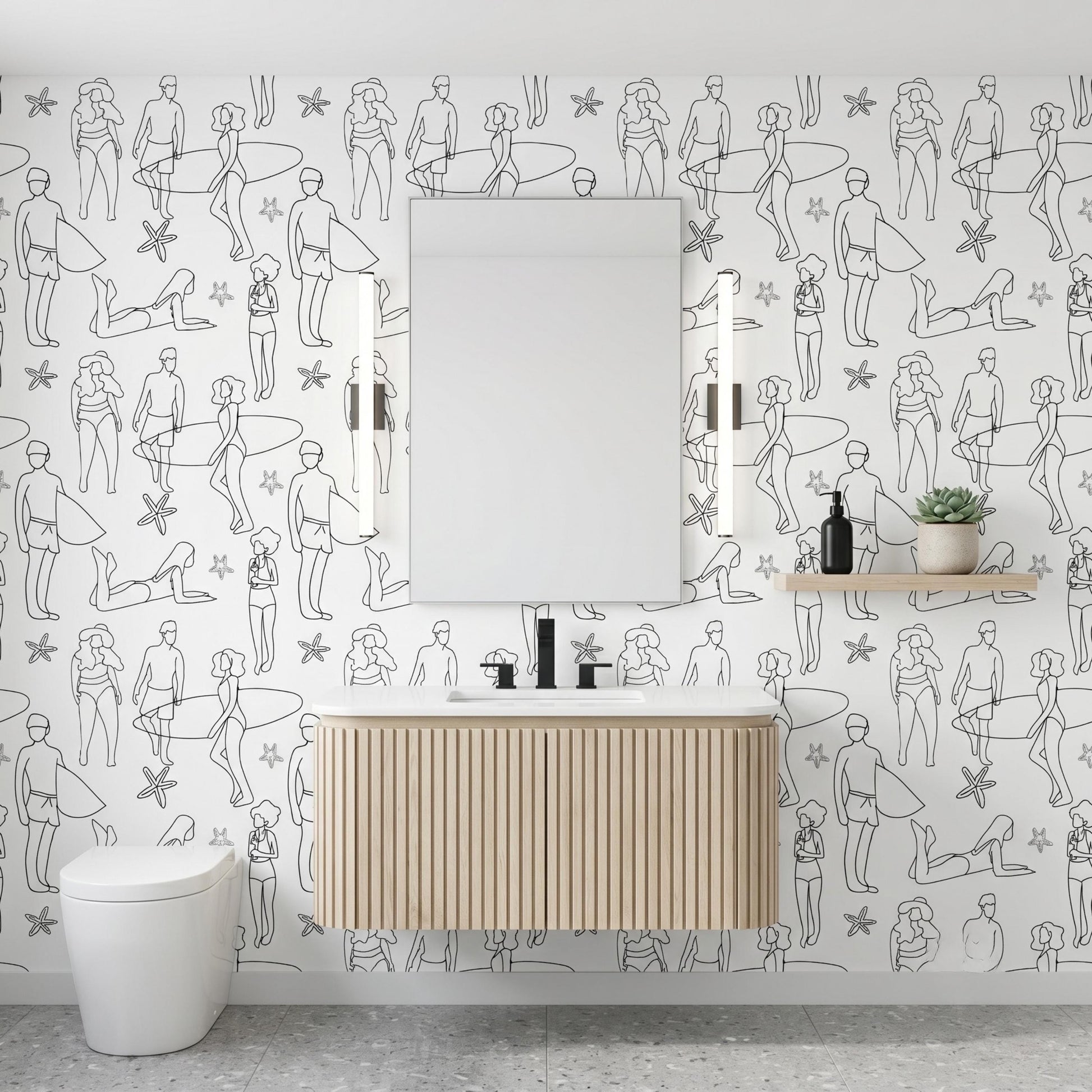 Minimalist Beach Line Art Wallpaper, Aesthetic Black Surfer Pattern, Modern Coastal Wall Decor, Sketched People Peel and Stick-WP0135