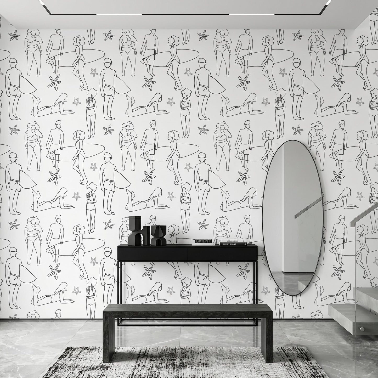 Minimalist Beach Line Art Wallpaper, Aesthetic Black Surfer Pattern, Modern Coastal Wall Decor, Sketched People Peel and Stick-WP0135