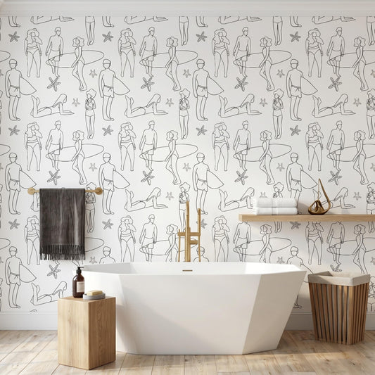 Minimalist Beach Line Art Wallpaper, Aesthetic Black Surfer Pattern, Modern Coastal Wall Decor, Sketched People Peel and Stick-WP0135