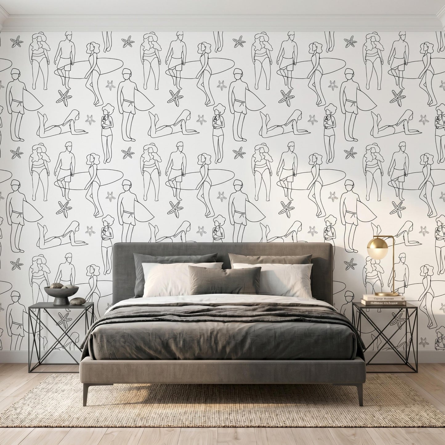 Minimalist Beach Line Art Wallpaper, Aesthetic Black Surfer Pattern, Modern Coastal Wall Decor, Sketched People Peel and Stick-WP0135