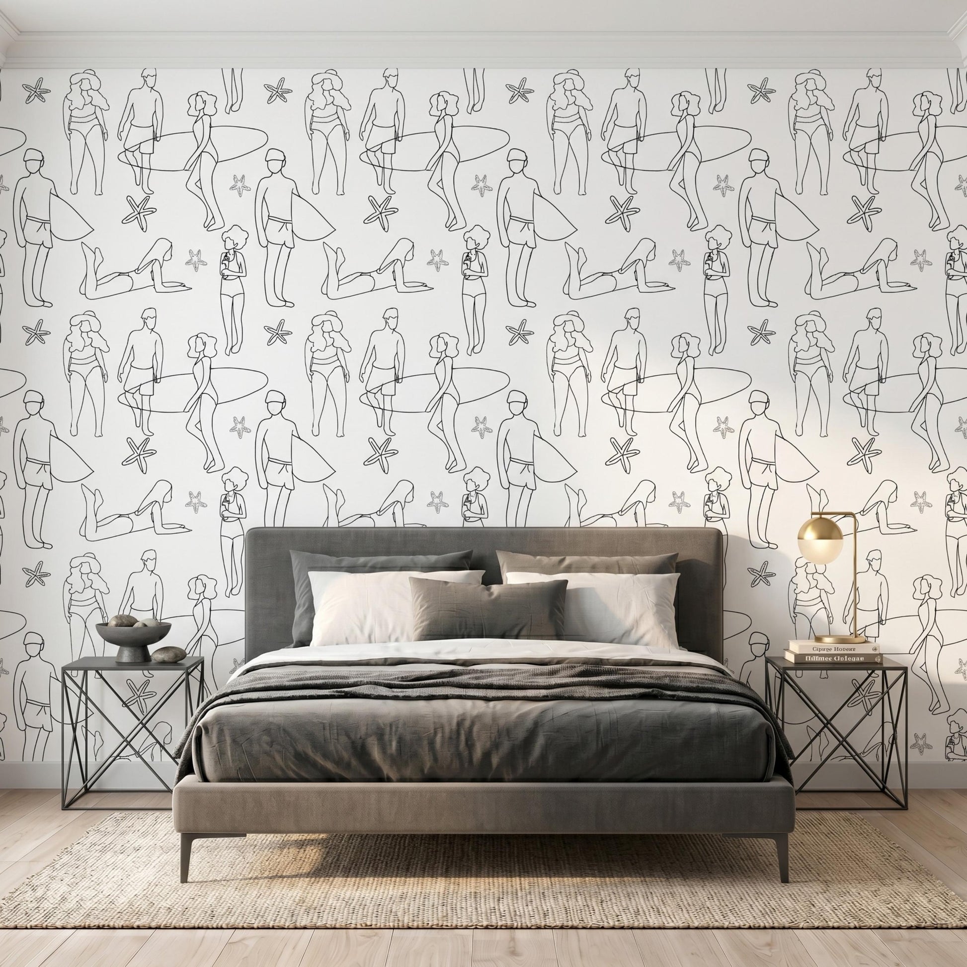 Minimalist Beach Line Art Wallpaper, Aesthetic Black Surfer Pattern, Modern Coastal Wall Decor, Sketched People Peel and Stick-WP0135