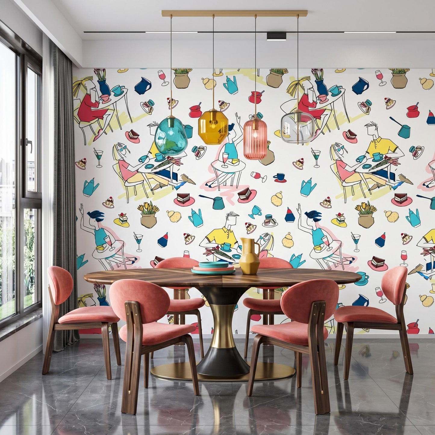 Cafe Illustration Sketch Peel and Stick Wallpaper, Parisian Coffee Shop Wall Mural, Whimsical Bistro Decor, Doodle Art Mural-WP0136