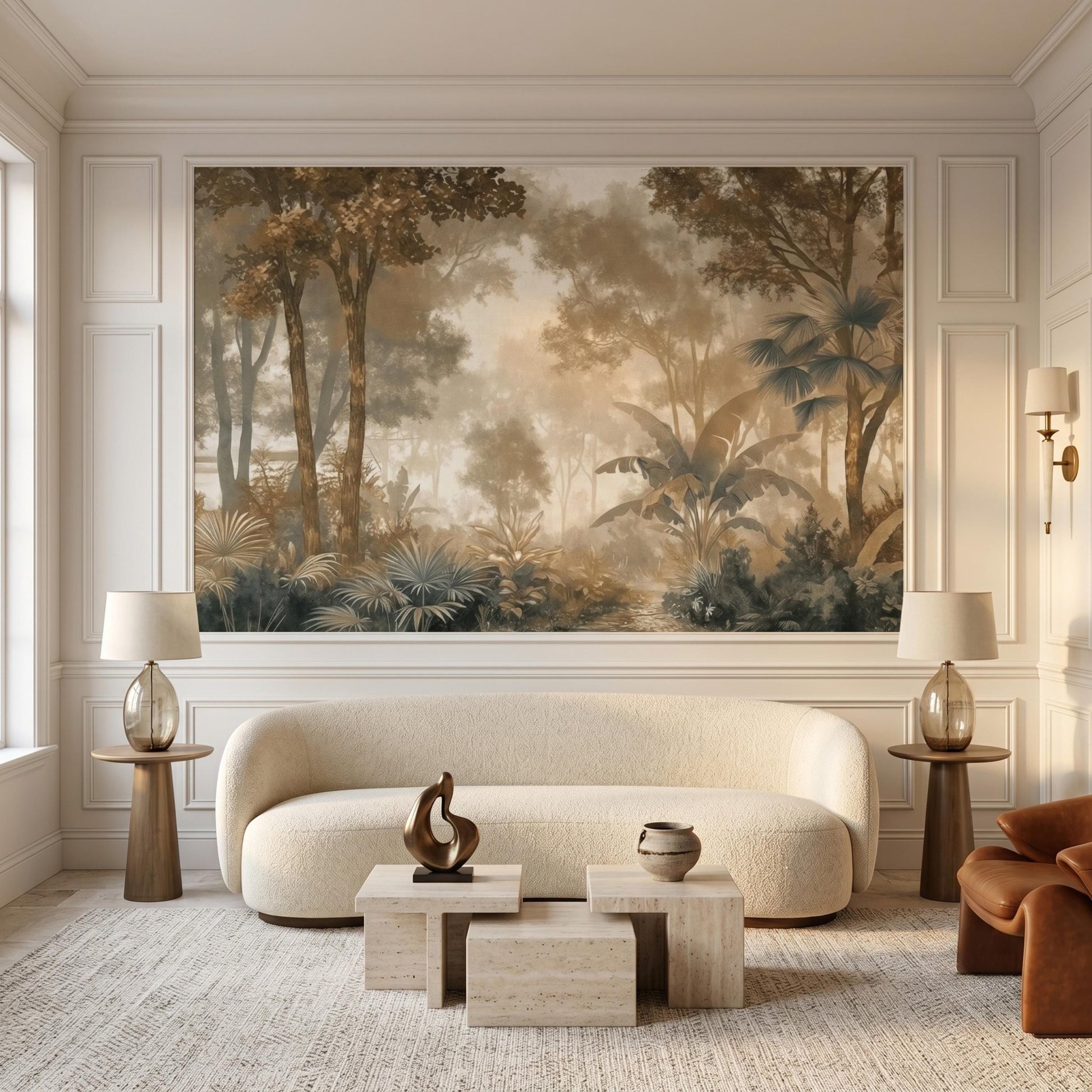 Vintage Tropical Jungle Forest Wallpaper Mural, French Country Wall Decor, Muted Sepia Landscape Art-WP0137