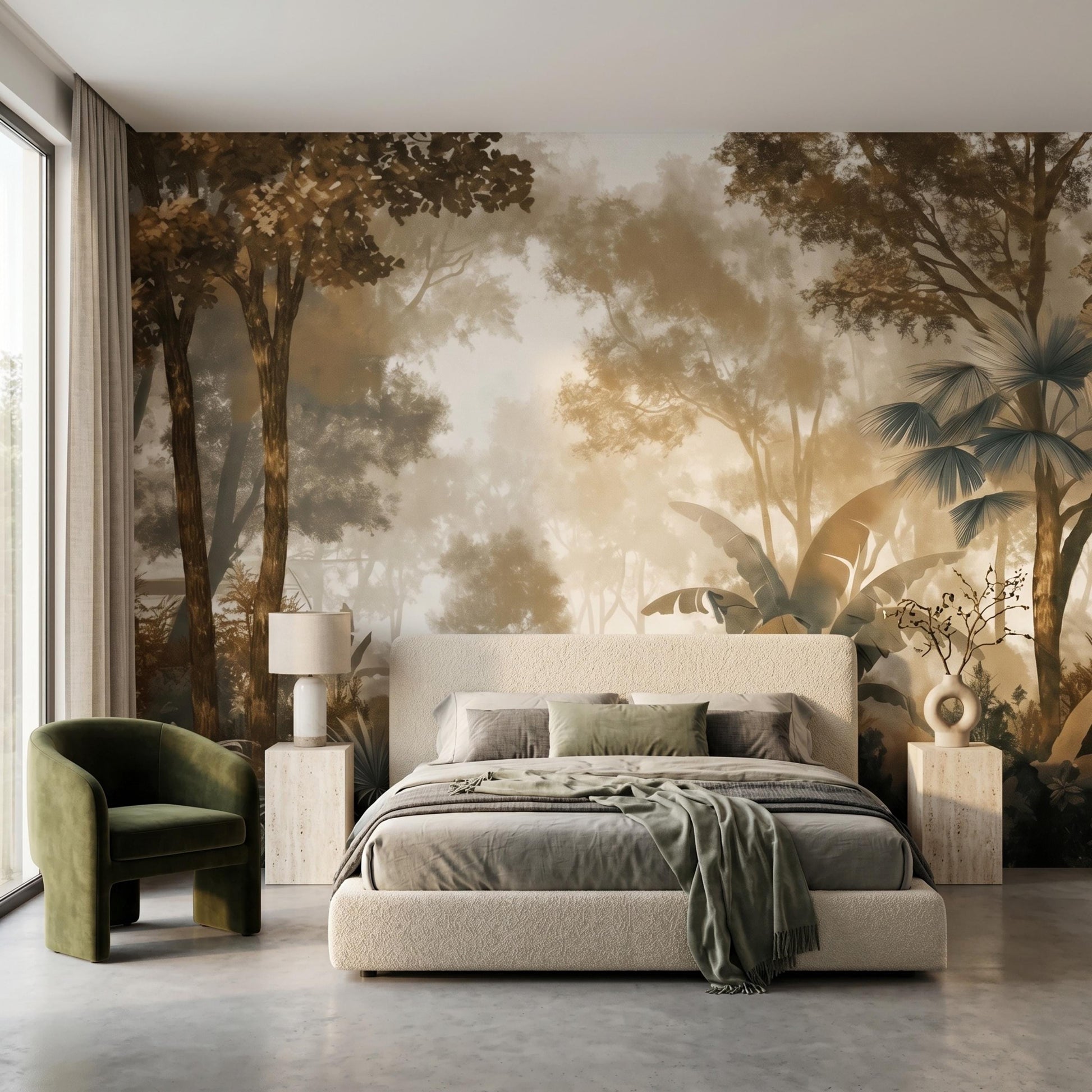 Vintage Tropical Jungle Forest Wallpaper Mural, French Country Wall Decor, Muted Sepia Landscape Art-WP0137