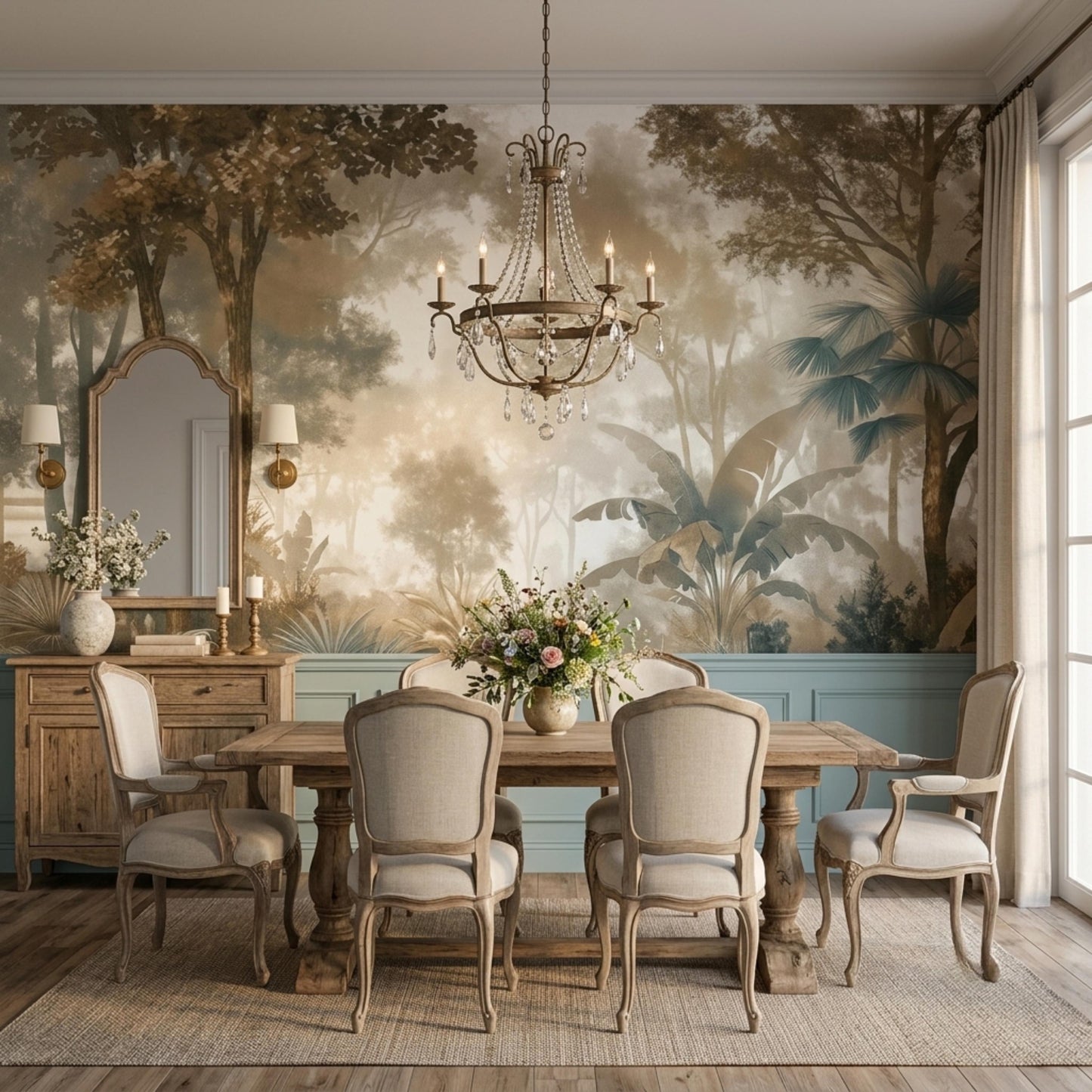 Vintage Tropical Jungle Forest Wallpaper Mural, French Country Wall Decor, Muted Sepia Landscape Art-WP0137