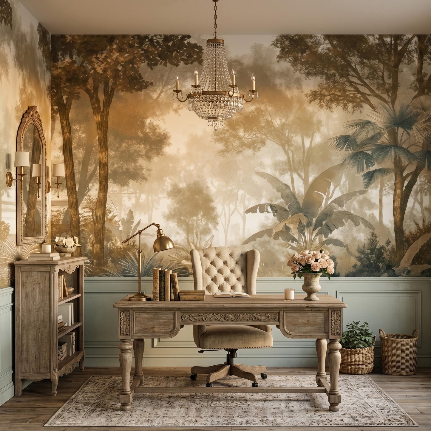 Vintage Tropical Jungle Forest Wallpaper Mural, French Country Wall Decor, Muted Sepia Landscape Art-WP0137