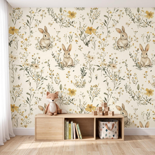 Vintage Floral Woodland Bunny Wallpaper for Nursery and Playroom-WP0158