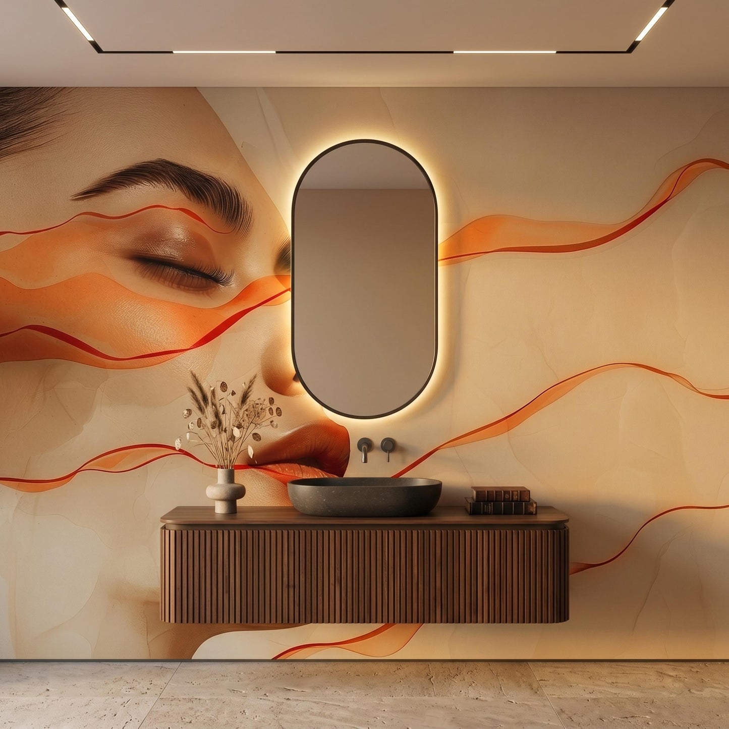 Abstract Female Portrait Modern Wall Mural, Beauty Salon Decor, Aesthetic Studio Wallpaper, Minimalist Makeup Room Art-WP0138