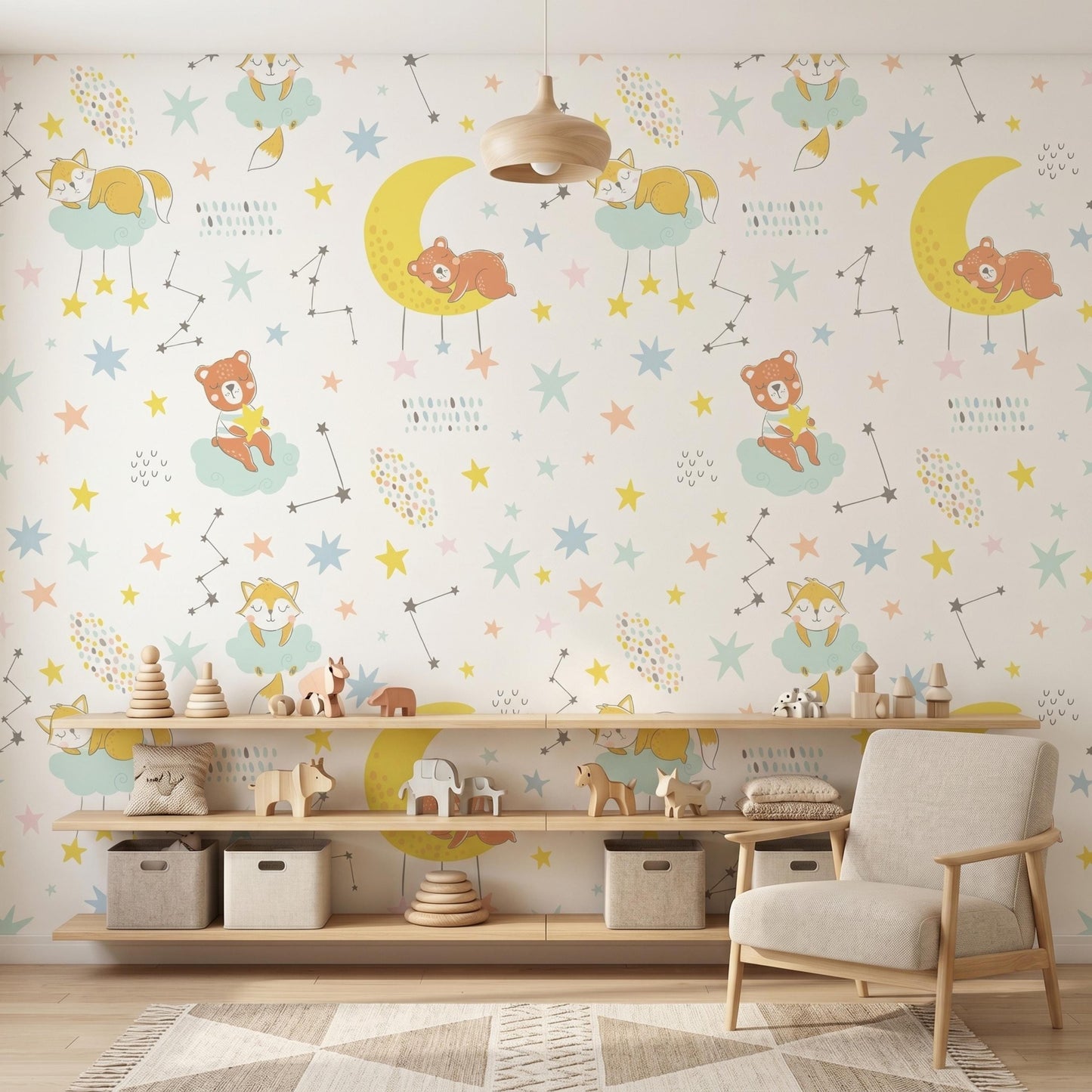 Celestial Animal Nursery Moon and Stars Peel and Stick Wallpaper, Whimsical Kids Room Decor, Gender Neutral Baby Room Wall Murall-WP0139