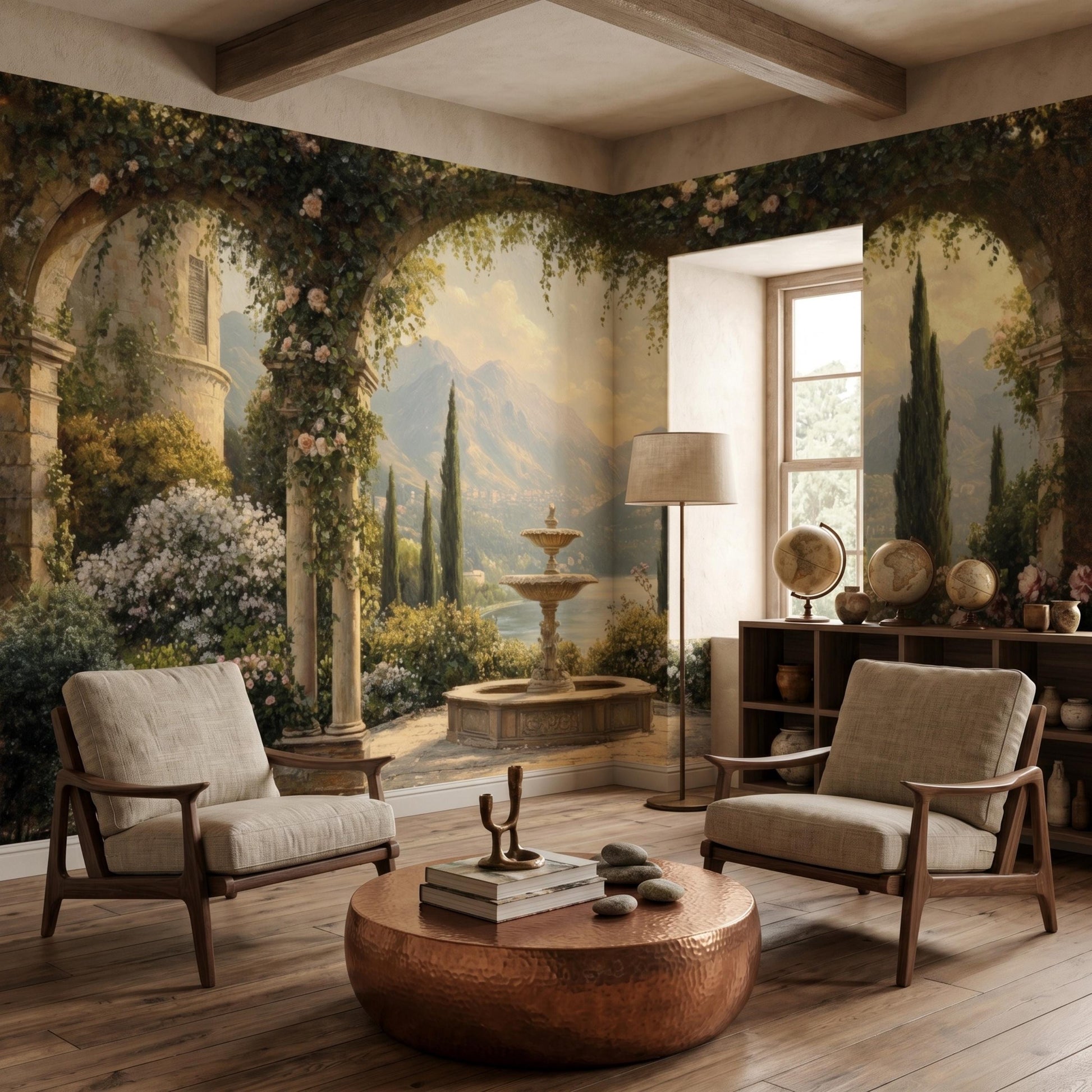 Vintage Italian Terrace Scenic Wall Mural, Romantic Mediterranean Landscape Wallpaper, Tuscan Garden Home Decor, Old World Mural-WP0140