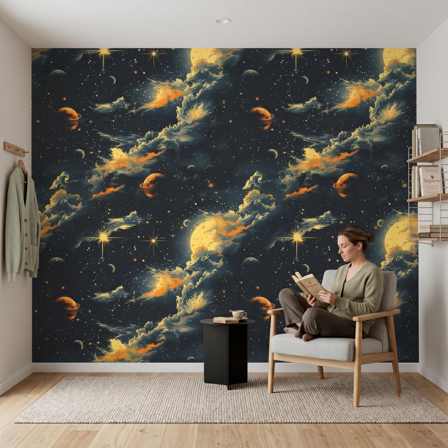 Dark Academia Space Wallpaper, Vintage Celestial Wall Mural, Peel and Stick Gold Nebula Wallpaper, Cosmic Dining Room Accent Wall-WP0141