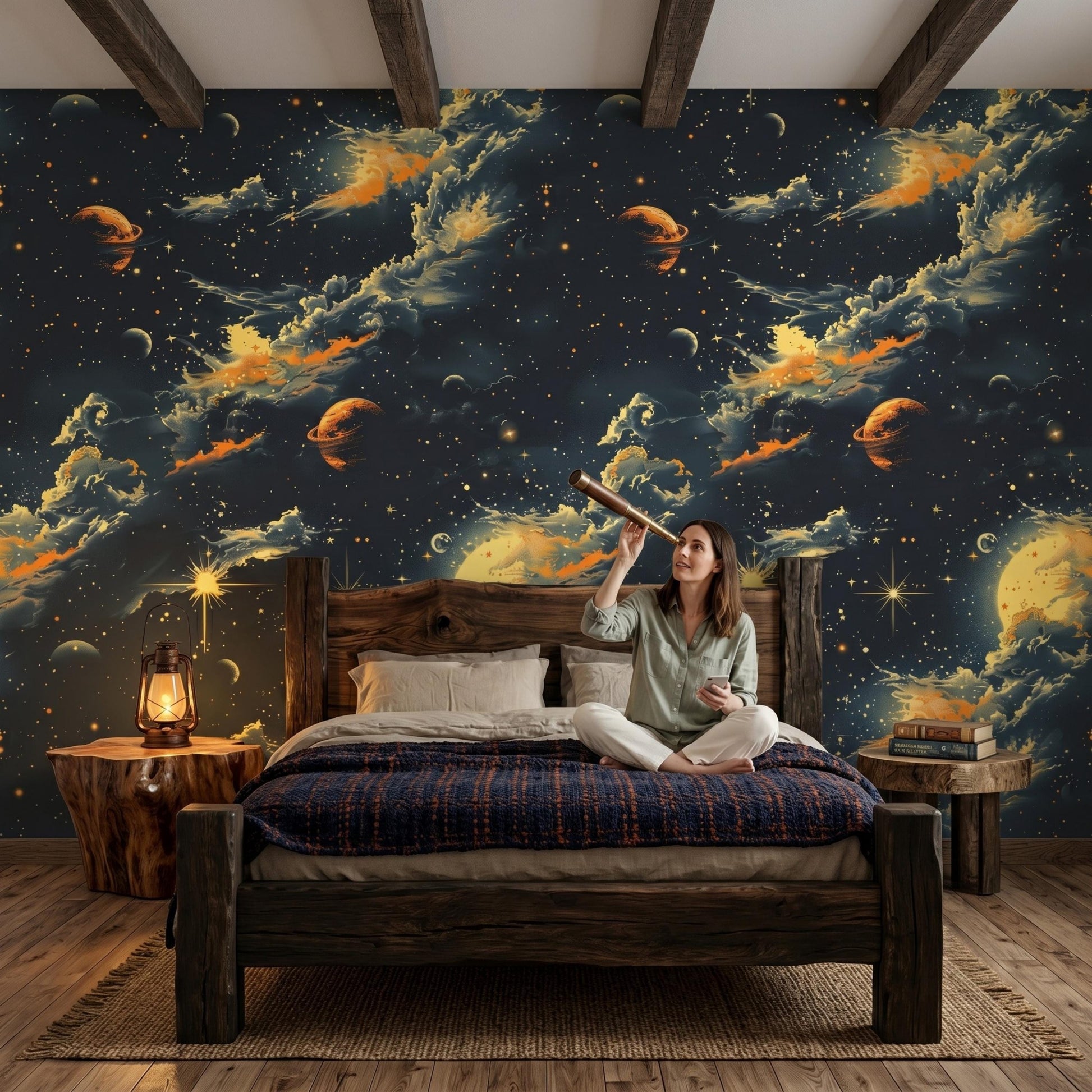 Dark Academia Space Wallpaper, Vintage Celestial Wall Mural, Peel and Stick Gold Nebula Wallpaper, Cosmic Dining Room Accent Wall-WP0141
