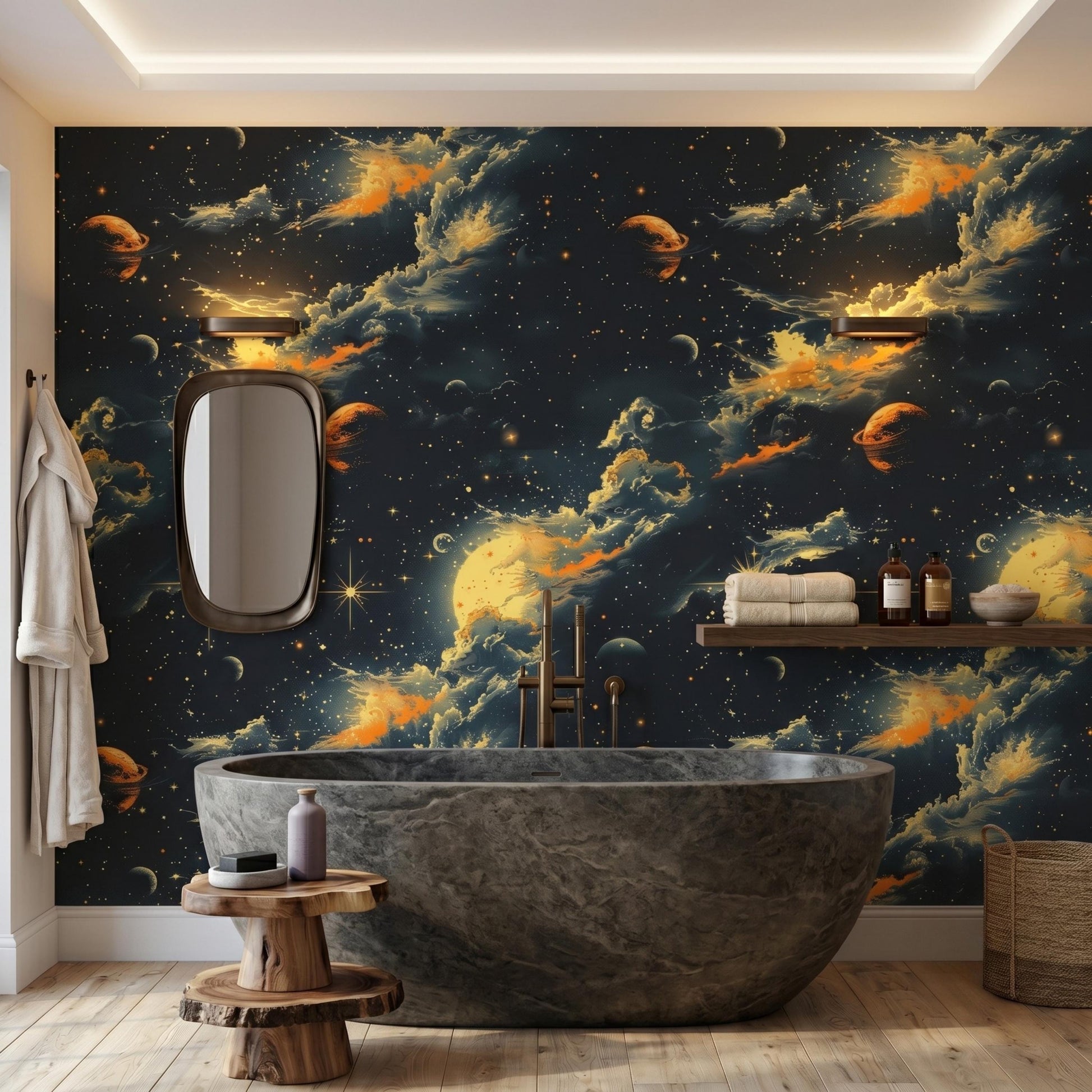 Dark Academia Space Wallpaper, Vintage Celestial Wall Mural, Peel and Stick Gold Nebula Wallpaper, Cosmic Dining Room Accent Wall-WP0141