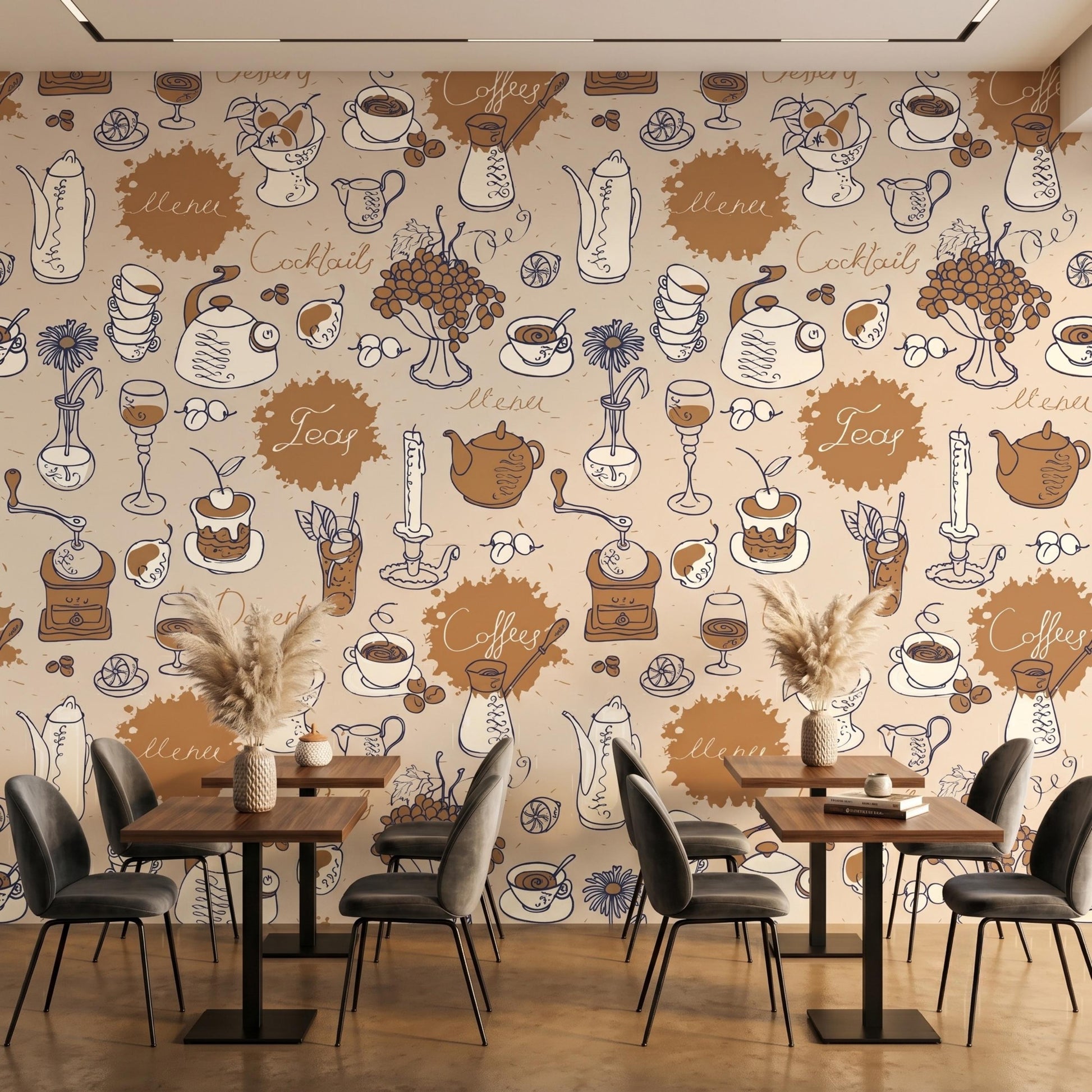 Cafe Sketch Brick Wall Wallpaper, Vintage Coffee Shop Kitchen Decor, Rustic Bistro Removable Mural, Hand Drawn Restaurant Wall Art-WP0142