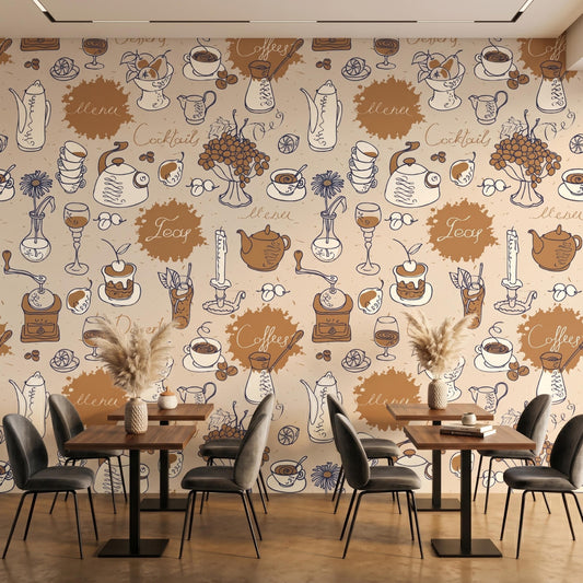 Cafe Sketch Brick Wall Wallpaper, Vintage Coffee Shop Kitchen Decor, Rustic Bistro Removable Mural, Hand Drawn Restaurant Wall Art-WP0142