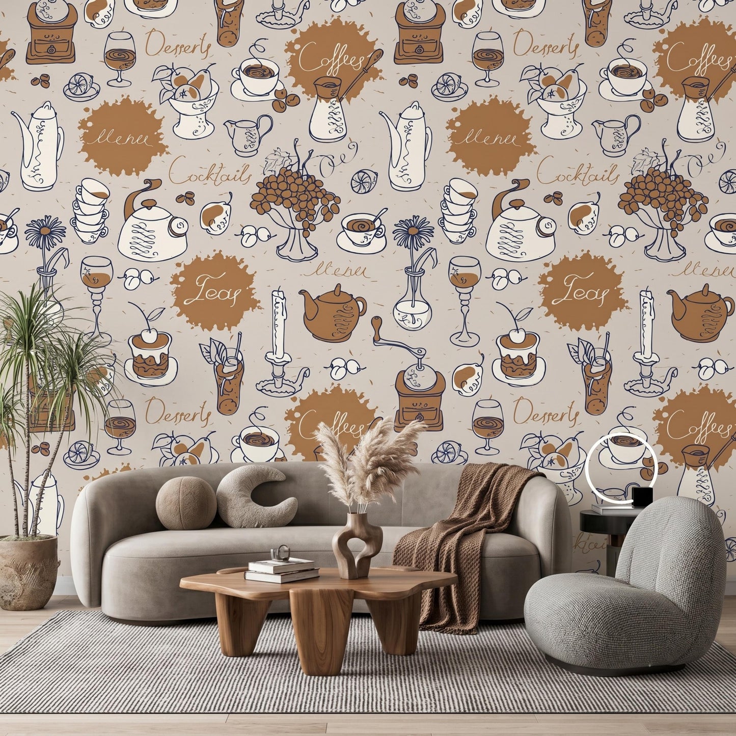 Cafe Sketch Brick Wall Wallpaper, Vintage Coffee Shop Kitchen Decor, Rustic Bistro Removable Mural, Hand Drawn Restaurant Wall Art-WP0142