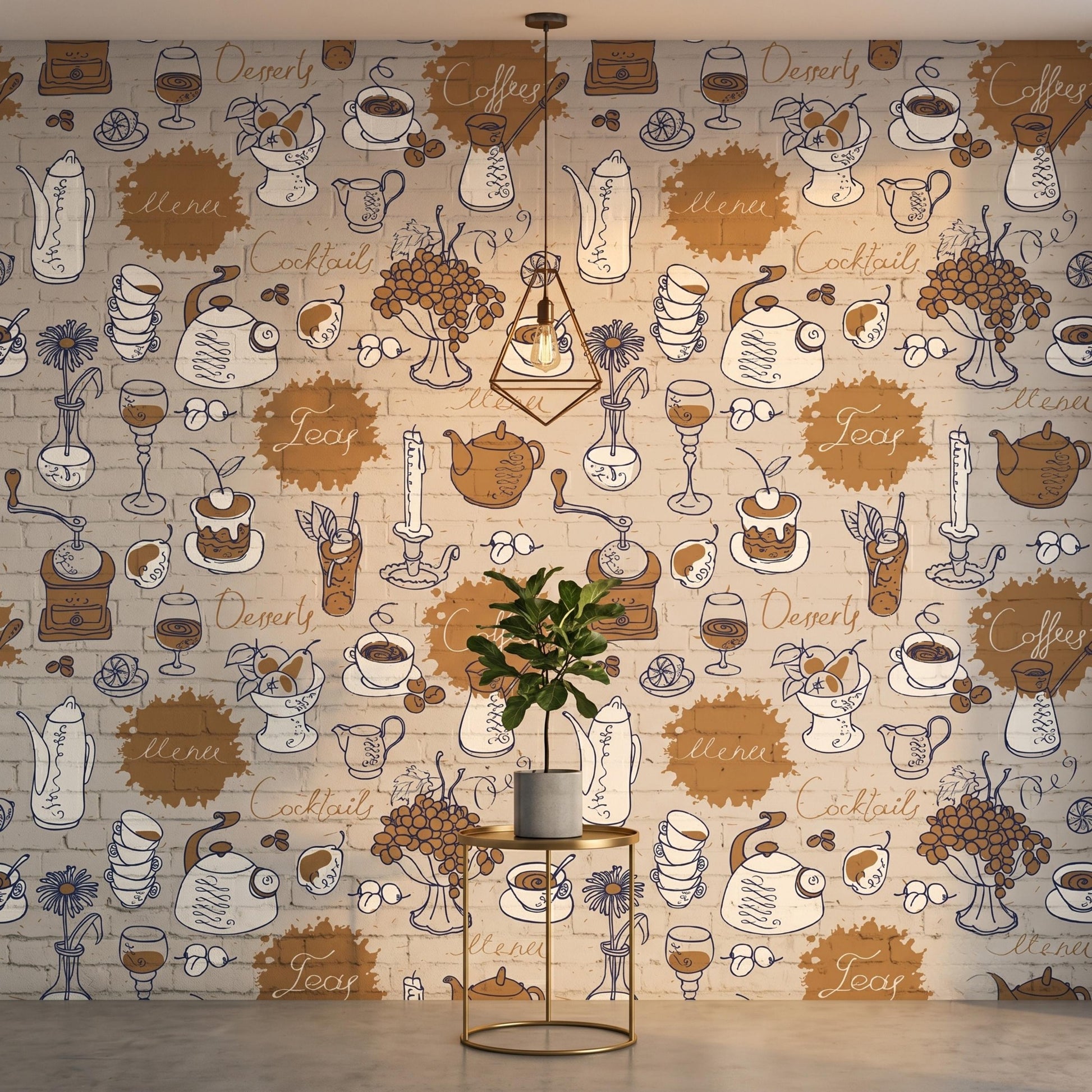 Cafe Sketch Brick Wall Wallpaper, Vintage Coffee Shop Kitchen Decor, Rustic Bistro Removable Mural, Hand Drawn Restaurant Wall Art-WP0142