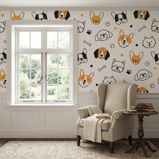 Cute Dog Peel and Stick Wallpaper, Puppy Pattern Nursery Decor, Removable Kids Room Wall Mural-WP0143
